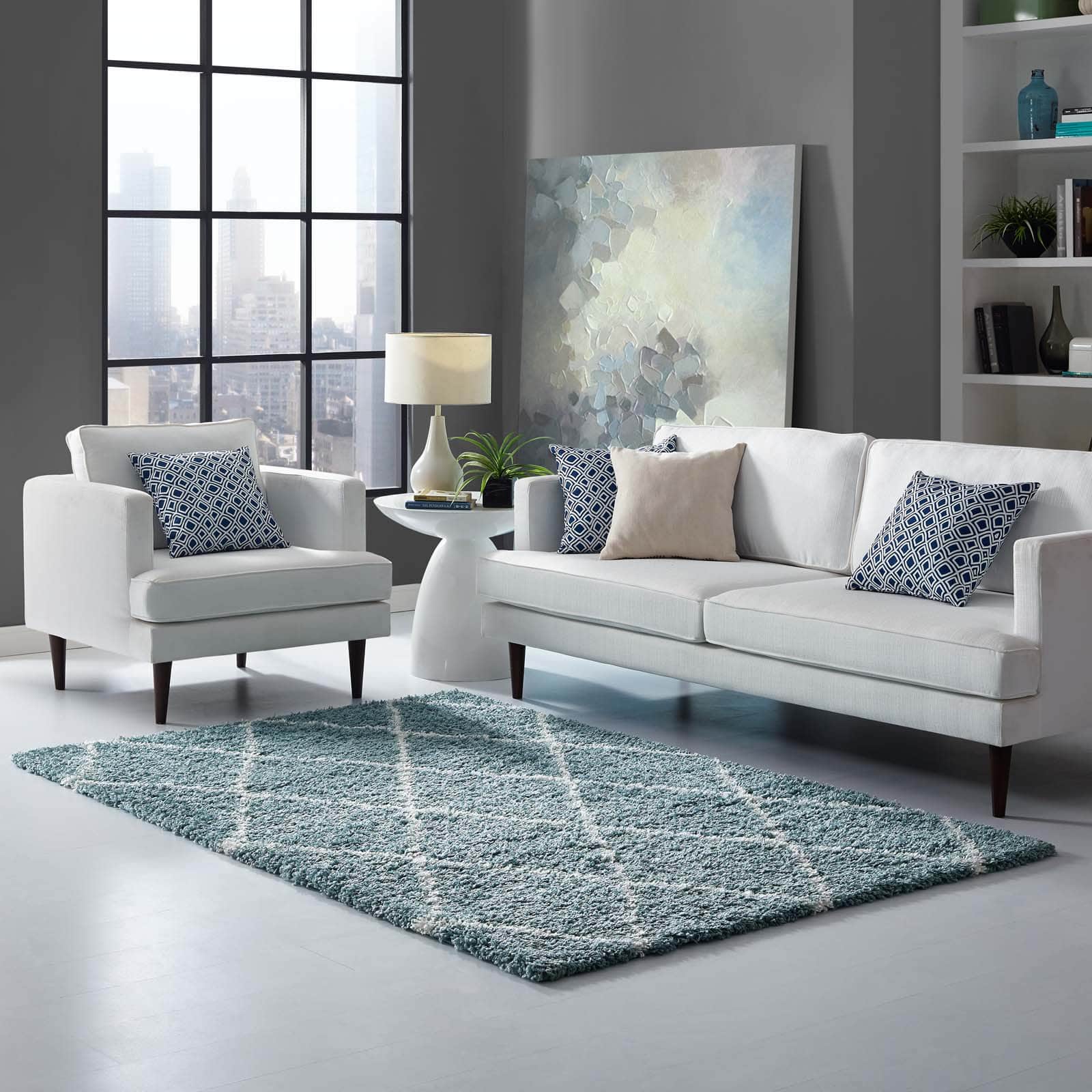 Photos - Area Rug Modway  Toryn Diamond Lattice Shag  - Aqua Blue and Ivory R-1144E-58 