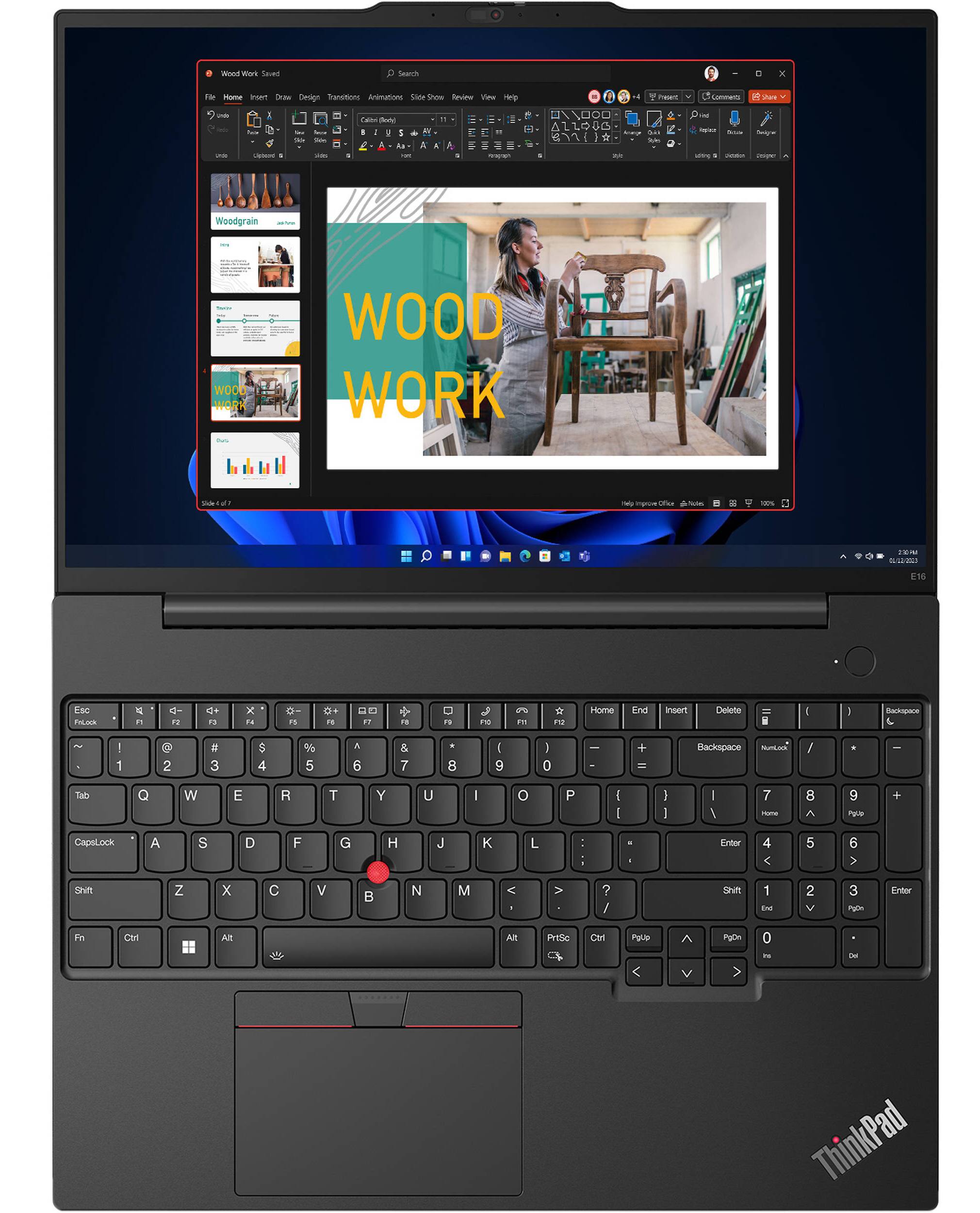 Sure, here is the corrected and grouped text from the image:

---

**Wood Work Saved**

- File
- Home
- Insert
- Draw
- Design
- Transitions
- Animations
- Slide Show
- Review
- View

**Woodgrain**

- Slide 1 of 7

**WOOD WORK**

---

**Keyboard Layout:**

- Esc
- F1 F2 F3 F4 F5 F6 F7 F8 F9 F10 F11 F12
- 1 2 3 4 5 6 7 8 9 0 -
- Tab Q W E R T Y U I O P
- CapsLock A S D F G H J K L ;
- Shift Z X C V B N M , . /
- Fn Ctrl Alt Windows

---

**Touchpad:**

- Left Click
- Right Click
- Scroll

---

**ThinkPad**