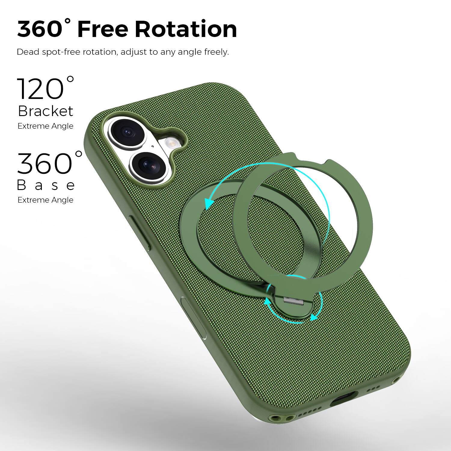 360° Free Rotation  
Dead spot-free rotation, adjust to any angle freely.  

120° Bracket  
Extreme Angle  

360° Base  
Extreme Angle