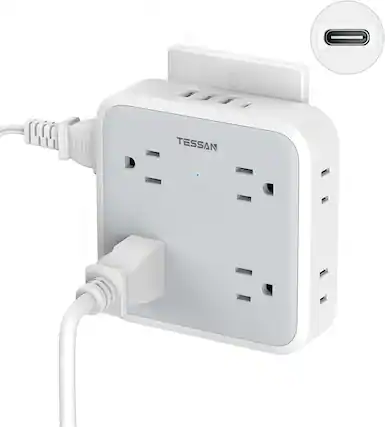 Front. TESSAN - TESSAN Surge Protector Outlet Extender with USB-C - white-grey with USB-C.