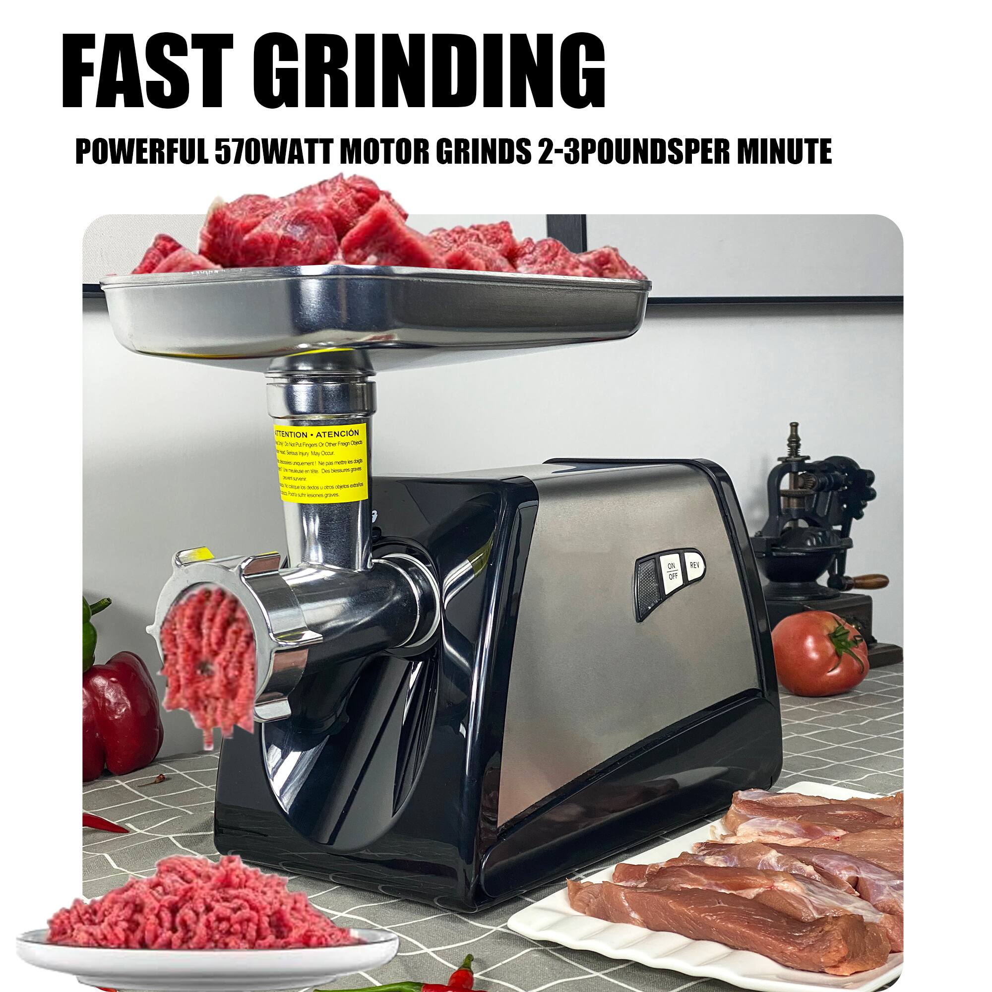 FAST GRINDING  
POWERFUL 570WATT MOTOR GRINDS 2-3 POUNDS PER MINUTE