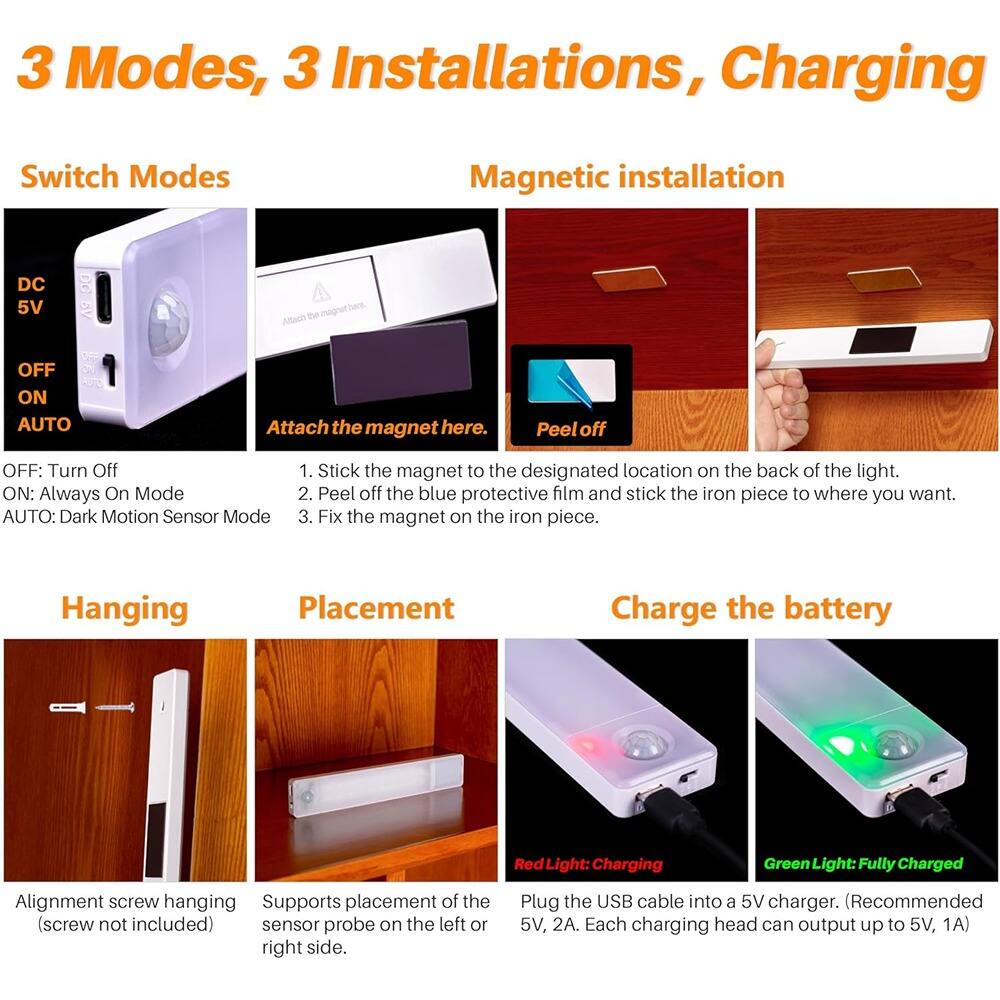 **3 Modes, 3 Installations, Charging**

**Switch Modes**

- **OFF:** Turn Off
- **ON:** Always On Mode
- **AUTO:** Dark Motion Sensor Mode

**Magnetic Installation**

1. Stick the magnet to the designated location on the back of the light.
2. Peel off the blue protective film and stick the iron piece to where you want.
3. Fix the magnet on the iron piece.

**Hanging**

Alignment screw hanging (screw not included)

**Placement**

Supports placement of the sensor probe on the left or right side.

**Charge the Battery**

- **Red Light:** Charging
- **Green Light:** Fully Charged

Plug the USB cable into a 5V charger. (Recommended 5V, 2A. Each charging head can output up to 5V, 1A)