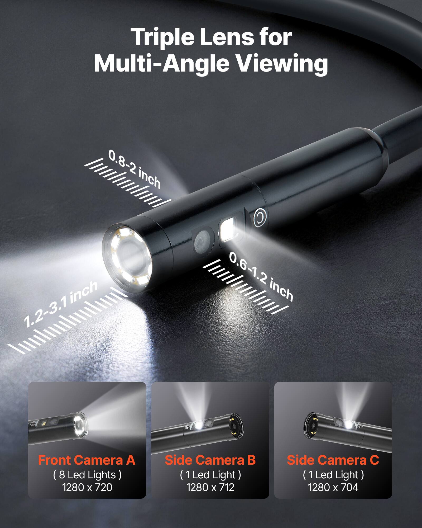 Triple Lens for Multi-Angle Viewing

0.8-2 inch  
0.6-1.2 inch  
1.2-3.1 inch  

Front Camera A (8 Led Lights) 1280 x 720  
Side Camera B (1 Led Light) 1280 x 712  
Side Camera C (1 Led Light) 1280 x 704