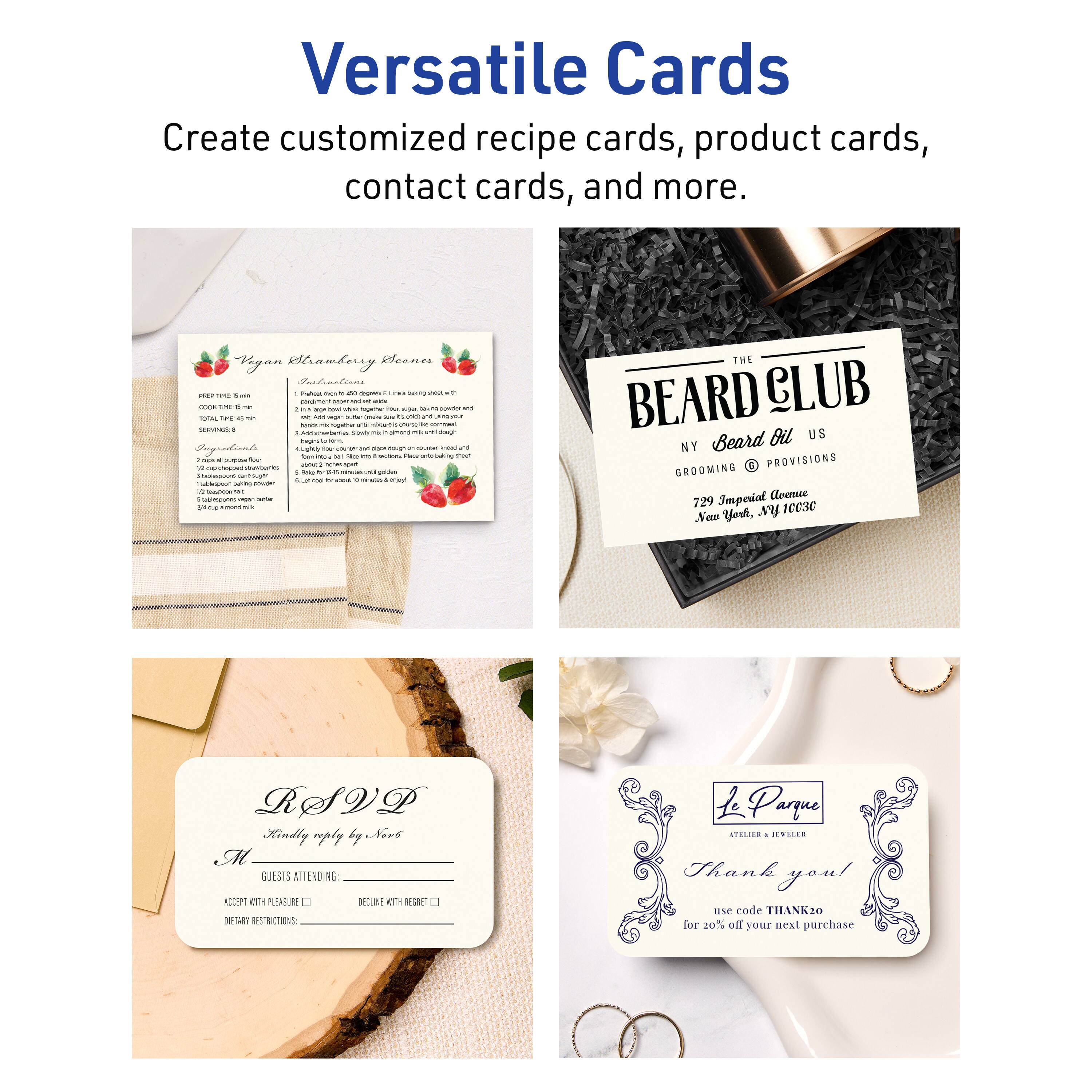 Versatile Cards

Create customized recipe cards, product cards, contact cards, and more.

---

**Vegan Strawberry Scones**

**Prep Time:** 15 min  
**Cook Time:** 15 min  
**Total Time:** 30 min  
**Servings:** 8

**Ingredients:**

- 1 cup all-purpose flour
- 1/2 cup rolled oats
- 1/2 cup chopped fresh strawberries
- 1/4 cup sugar
- 1/4 cup vegan butter (or coconut oil), melted
- 1/2 cup almond milk
- 1 tsp baking powder
- 1/2 tsp baking soda
- 1/4 tsp salt
- 1/4 cup chopped fresh strawberries

**Instructions:**

1. Preheat oven to 375°F (190°C). Line a baking sheet with parchment paper and set aside.
2. In a large bowl, whisk together flour, oats, sugar, baking powder, baking soda, and salt.
3. Add melted butter and milk, stirring until a dough forms. Fold in strawberries.
4. Drop dough by rounded tablespoons onto the prepared baking sheet.
5. Bake for 15 minutes or until