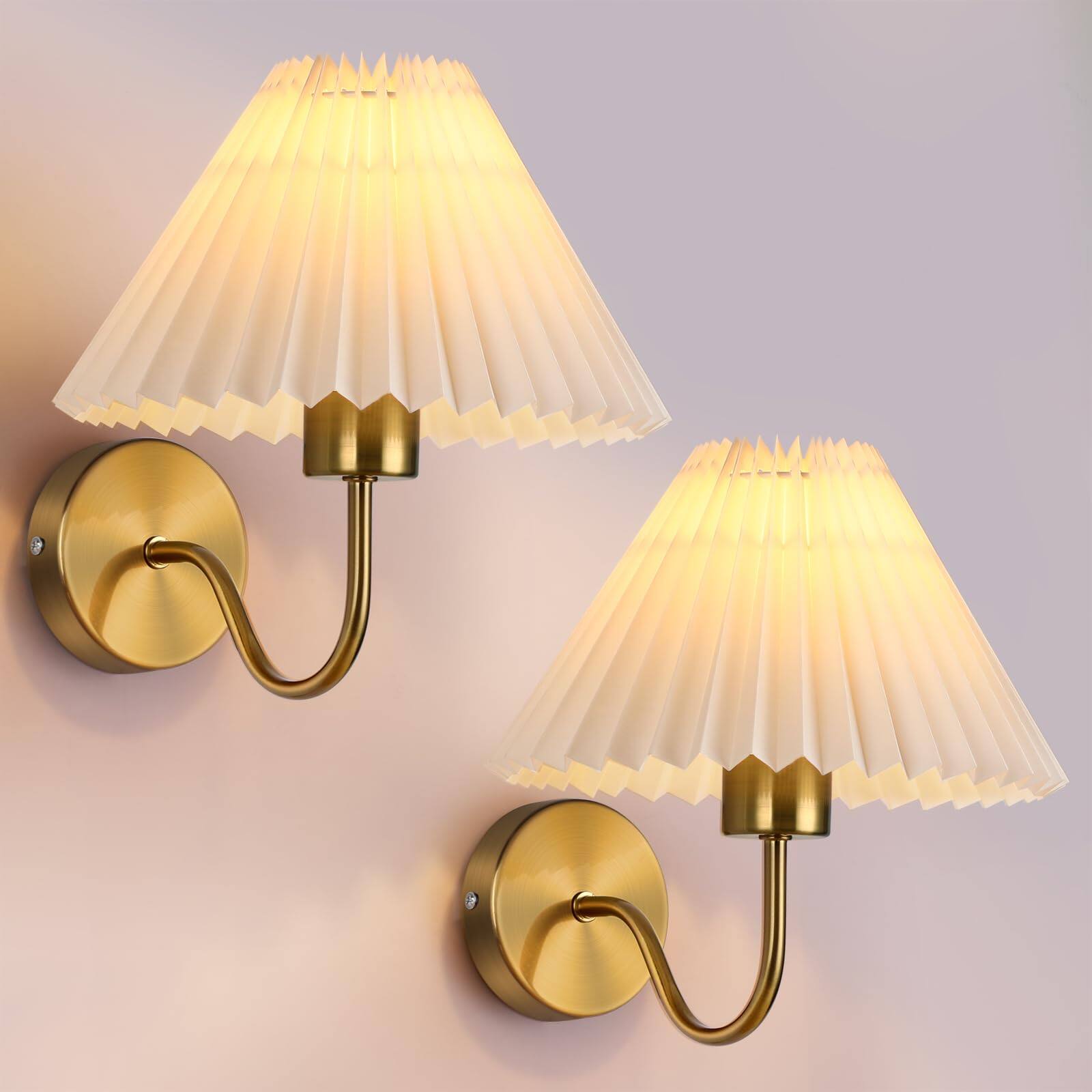 Front. TECH SAFARI - Wall Sconces Sets Of Indoor Light Fixtures With Fabric Lampshade Pleated Lamp Dresser HardwiLighting Fixtur - White+Gold.