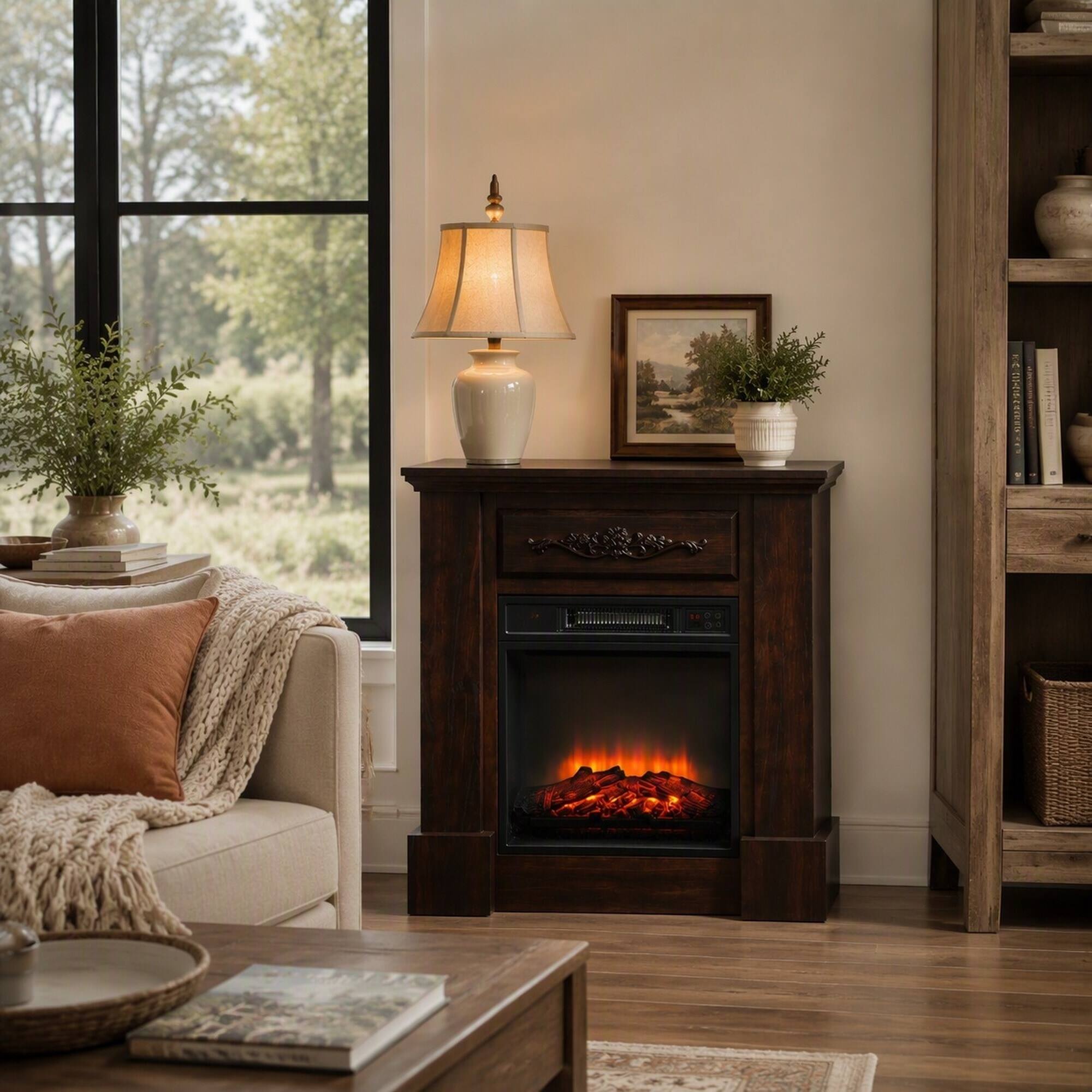 Angle. RYHNUYNE - 32-inch Freestanding Electric Fireplace Mantel Unit with Realistic LED Logs, 1400W Heater, Remote Control - Brown.