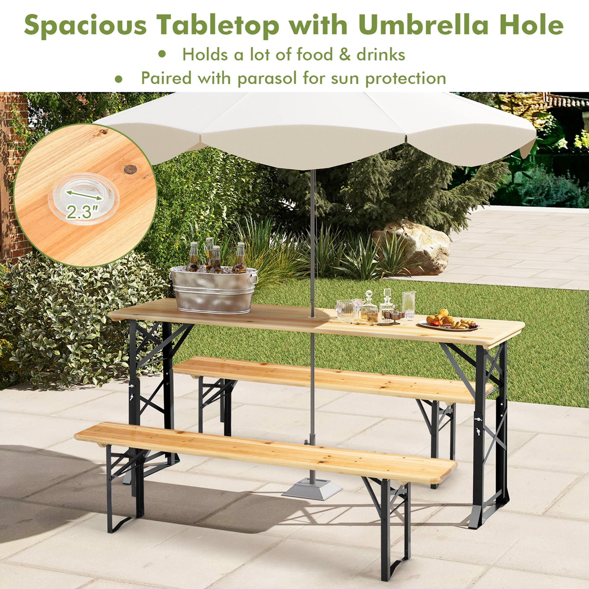 Spacious Tabletop with Umbrella Hole
Holds a lot of food & drinks
Paired with parasol for sun protection
2.3"