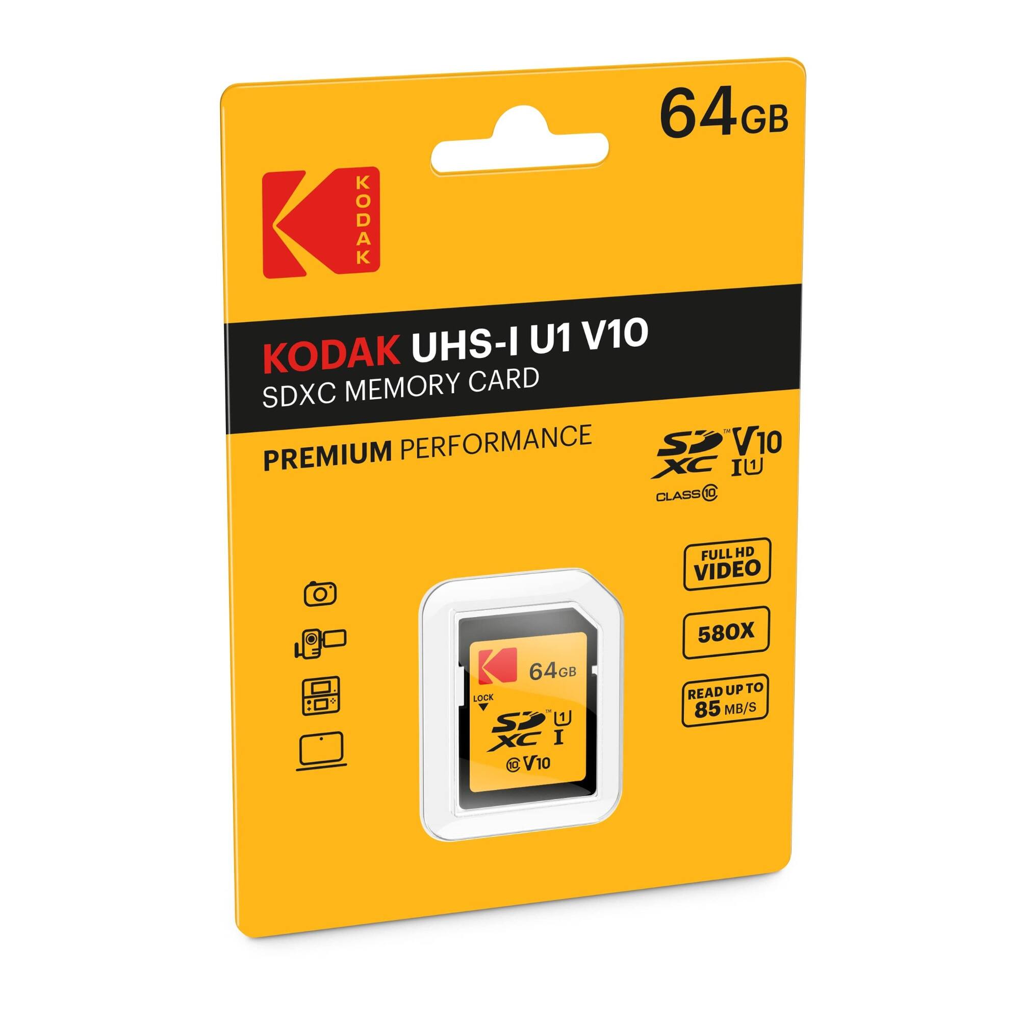 64GB KODAK UHS-I U1 V10 SDXC MEMORY CARD - PREMIUM PERFORMANCE  
FULL HD VIDEO  
580X  
READ UP TO 85 MB/S