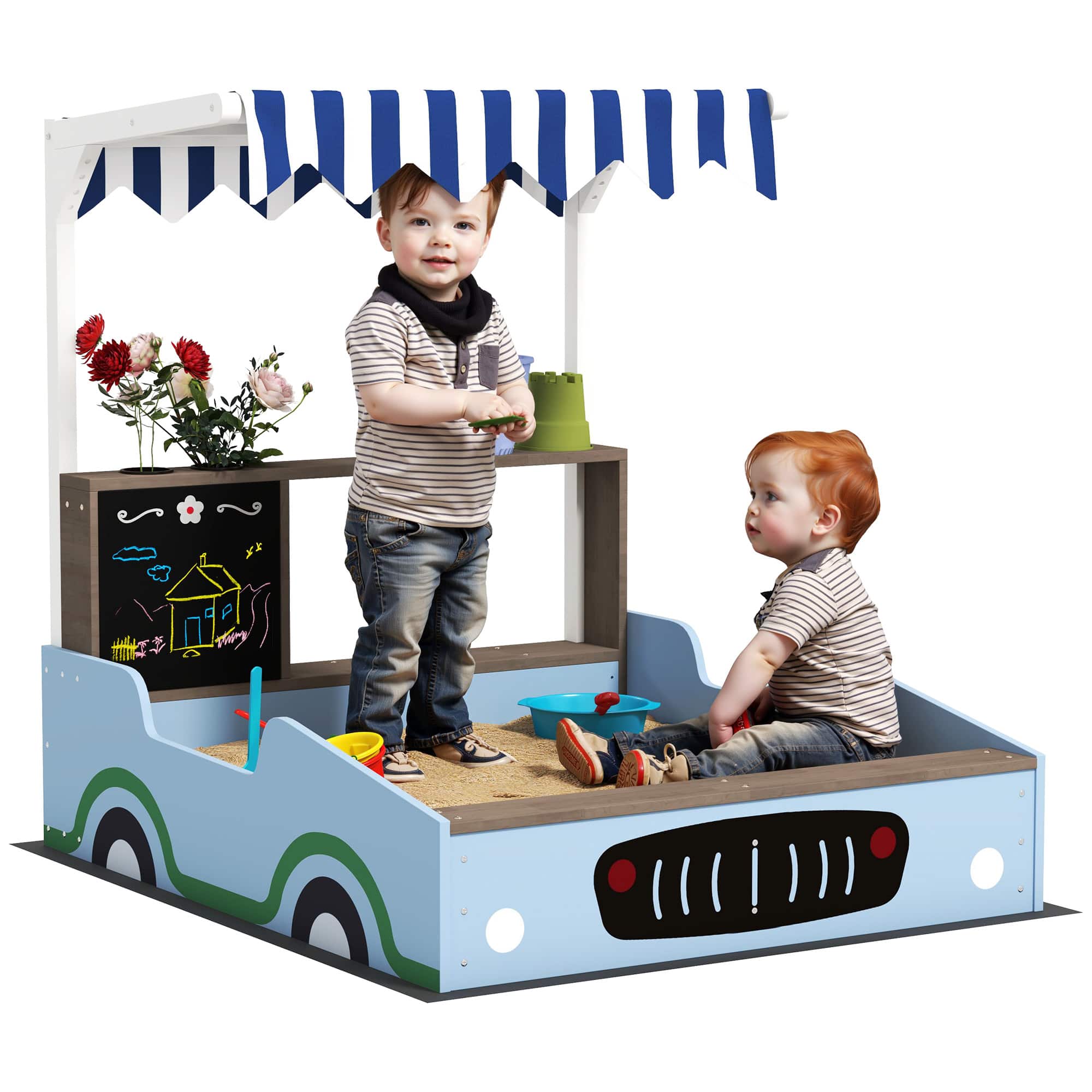 Qaba - Kids Wooden Sandbox with Canopy, Bench Seats, Bottom Liner, Drawing Board, Planting Boxes, Backyard, Garden, Ages 3-7 price history on PriceWatchPro