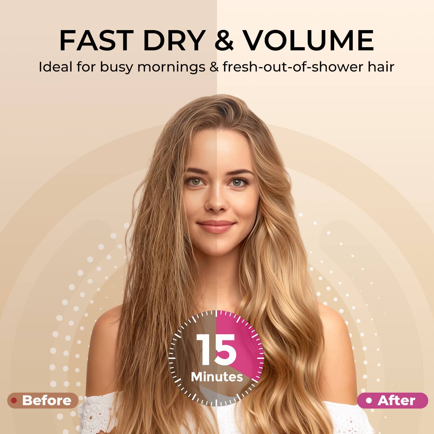 FAST DRY & VOLUME  
Ideal for busy mornings & fresh-out-of-shower hair  

15 Minutes  
Before  
After
