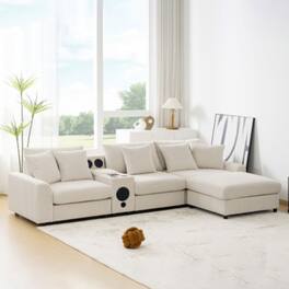 LUCKY ONE - 112" L-Shaped Corduroy Modular Sectional Sofa w/ Bluetooth Speakers USB Storage Ottoman - Cream