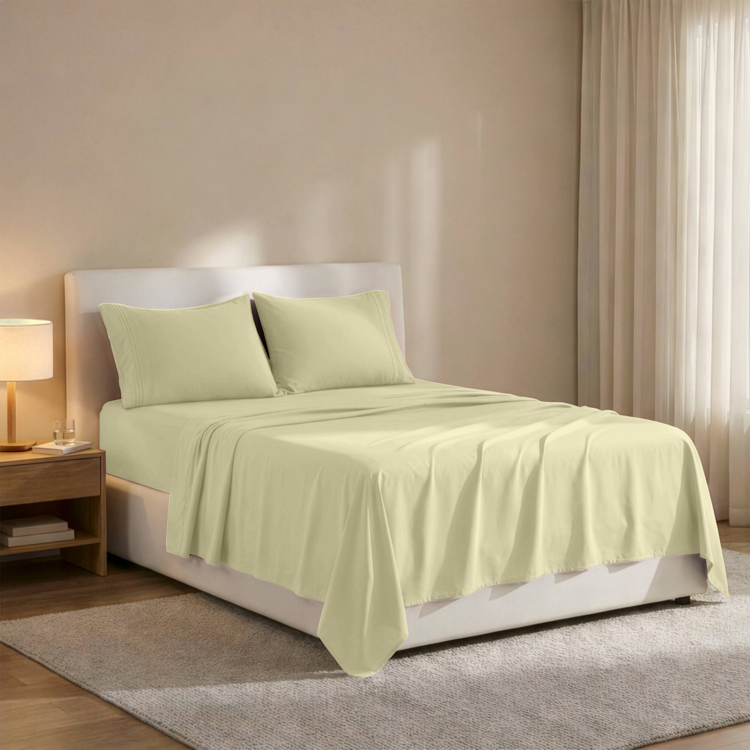 Angle. Lux Decor Collection - 4-Piece Queen Bed Sheet Set, Ultra Soft Microfiber, Deep Pocket, Wrinkle-Resistant, Hypoallergenic, All-Season Comfort - Beige.
