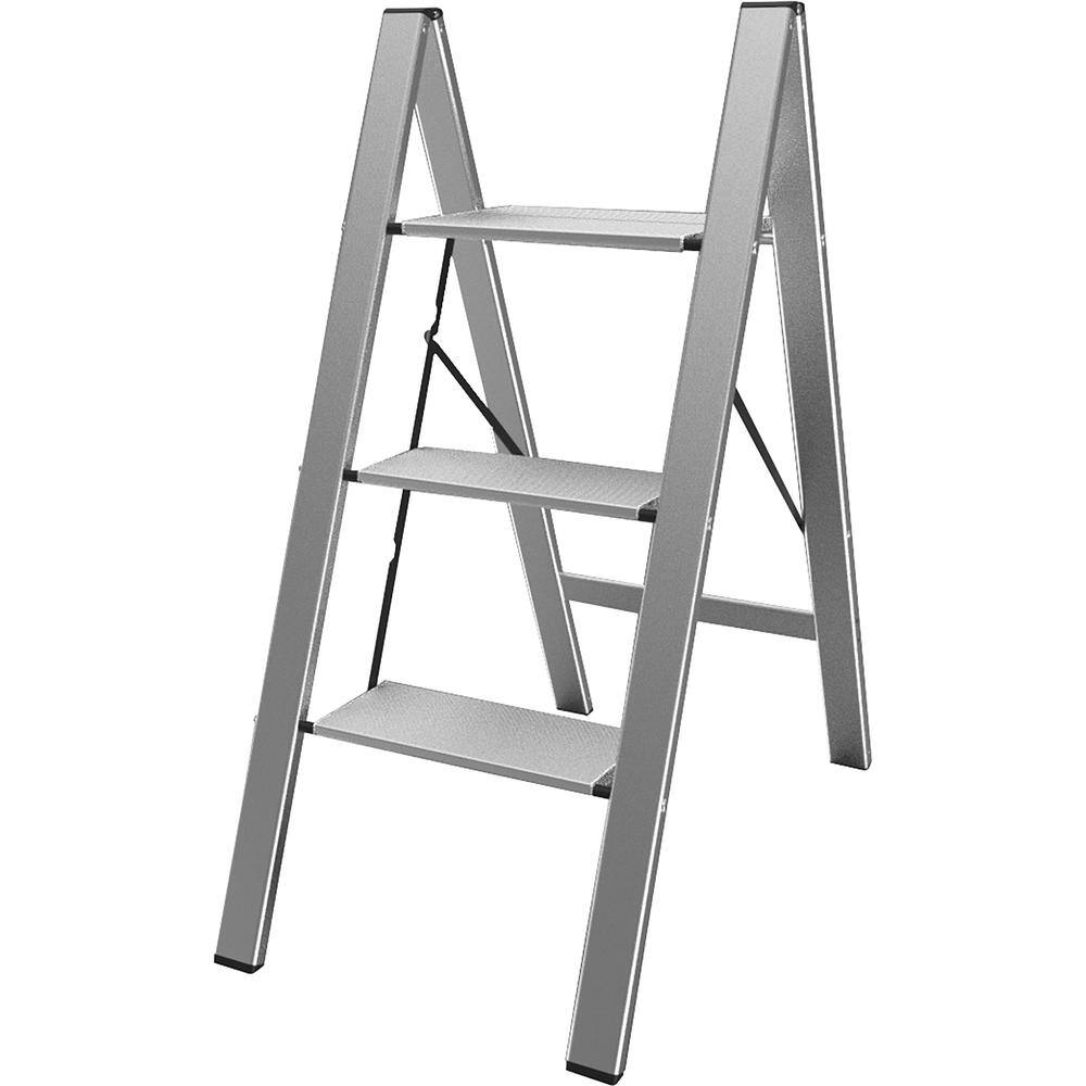 Back. AmeriHome - Ultra Slim Aluminum Three Step Folding Utility Step Ladder - Silver.