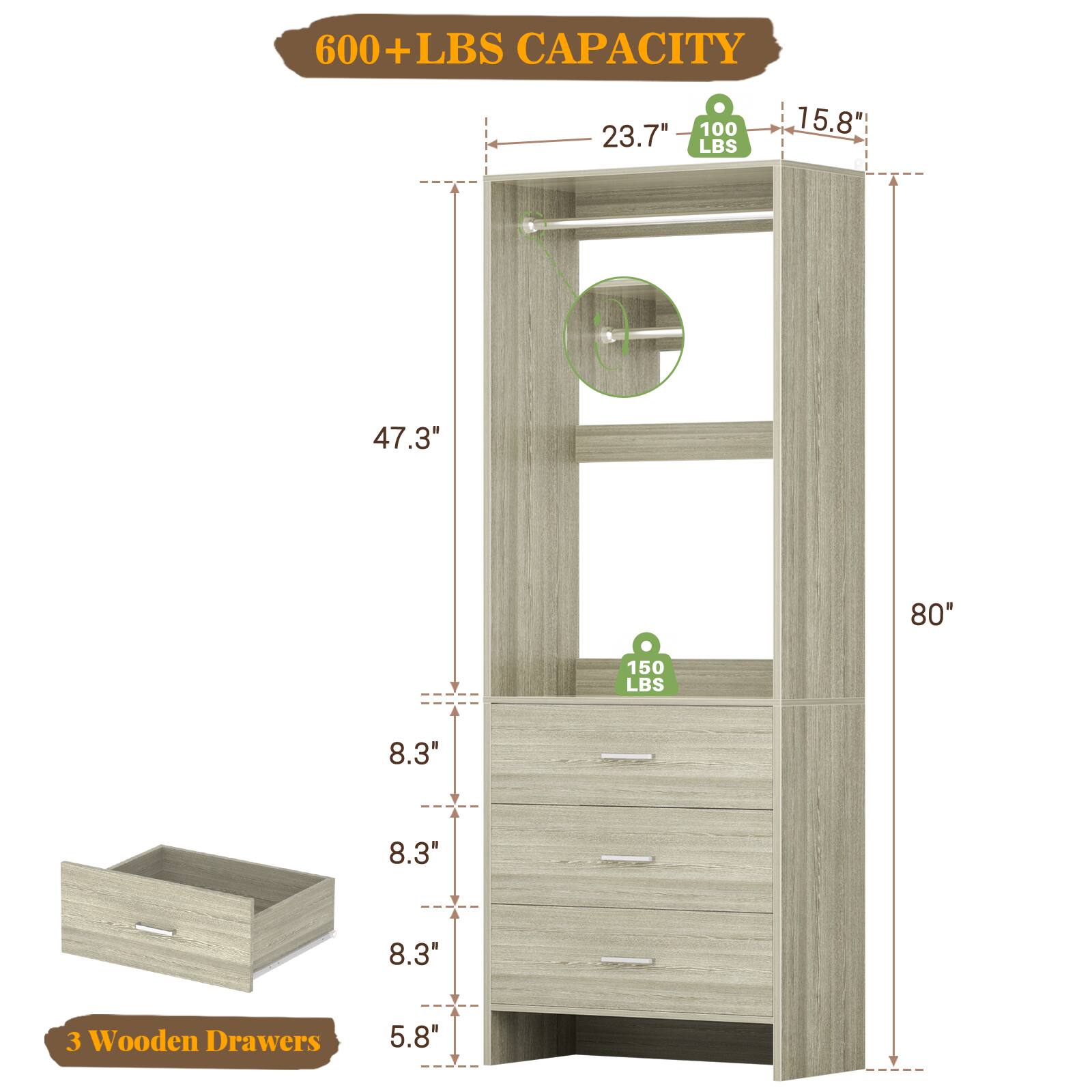 600+ LBS CAPACITY

- 23.7" x 15.8" (100 LBS)
- 47.3" x 80" (150 LBS)
- 3 Wooden Drawers (5.8" x 8.3" x 8.3" x 8.3")