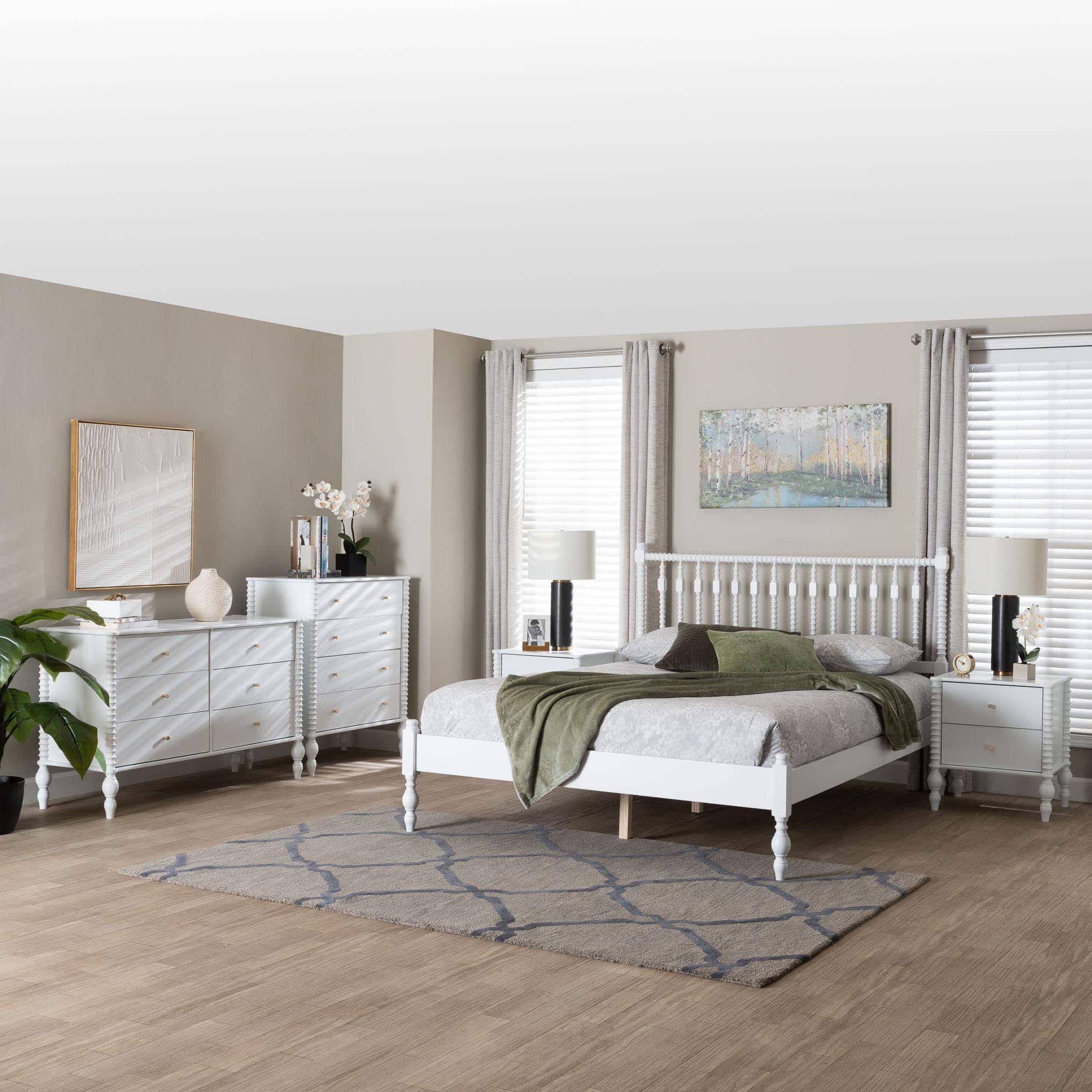 Alt View 8. Baxton Studio - Callison Spindle 5-Piece Bedroom Set - Platform Bed with Matching Dresser, Chest, and 2-Drawer Nightstands, Full - White.