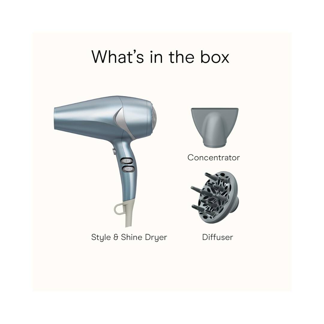 What's in the box

- Style & Shine Dryer
- Concentrator
- Diffuser