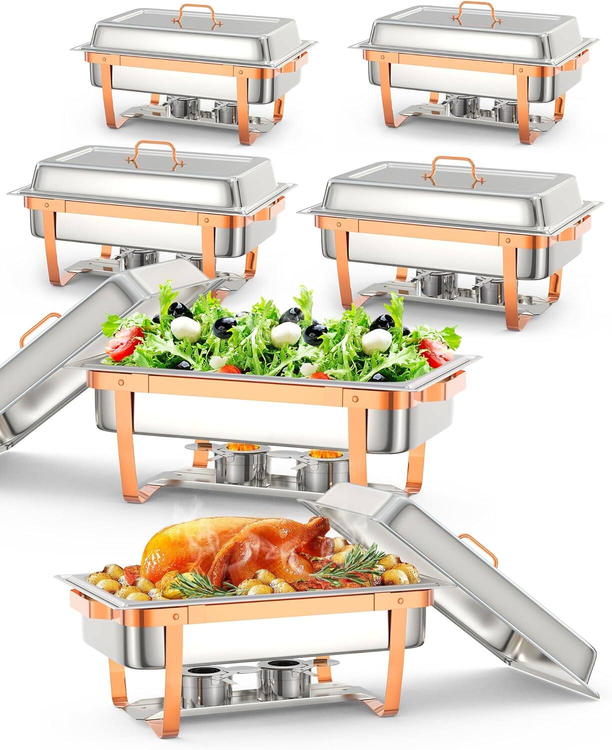 Front. GARVEE - Chafing Dish for Buffet Set, 6 Packs 8 Qt Chafers and Buffet Warmers Sets With Folding Frame, Rose Gold - Gold.