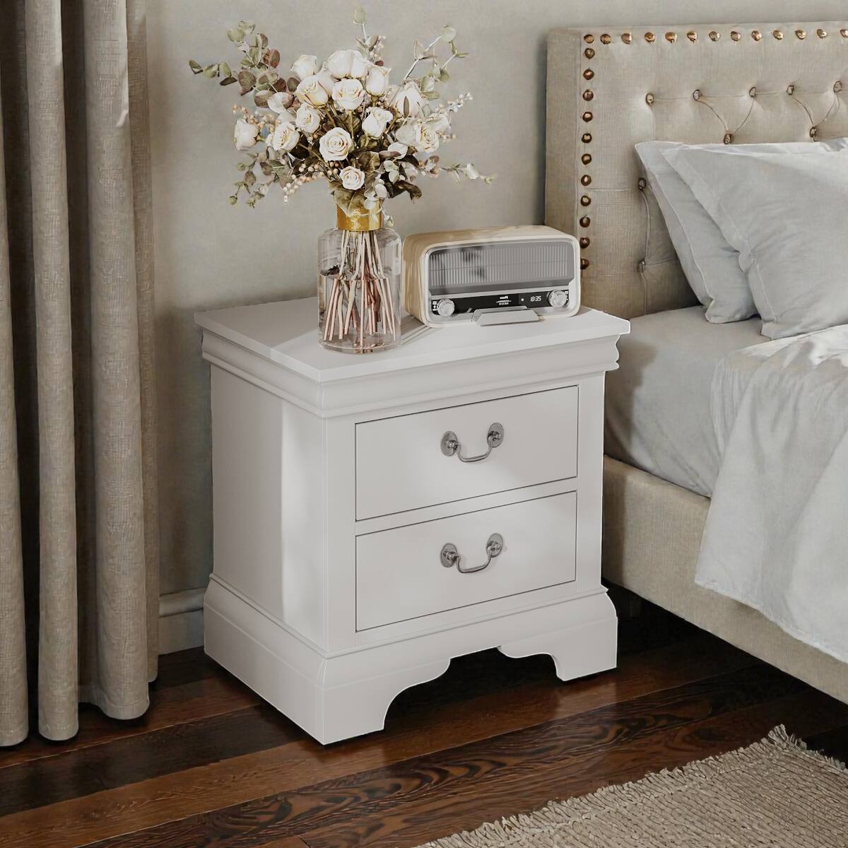 Back. Loheer - Loheer White Wooden Nightstand, Two Drawers, Classic Style - White.