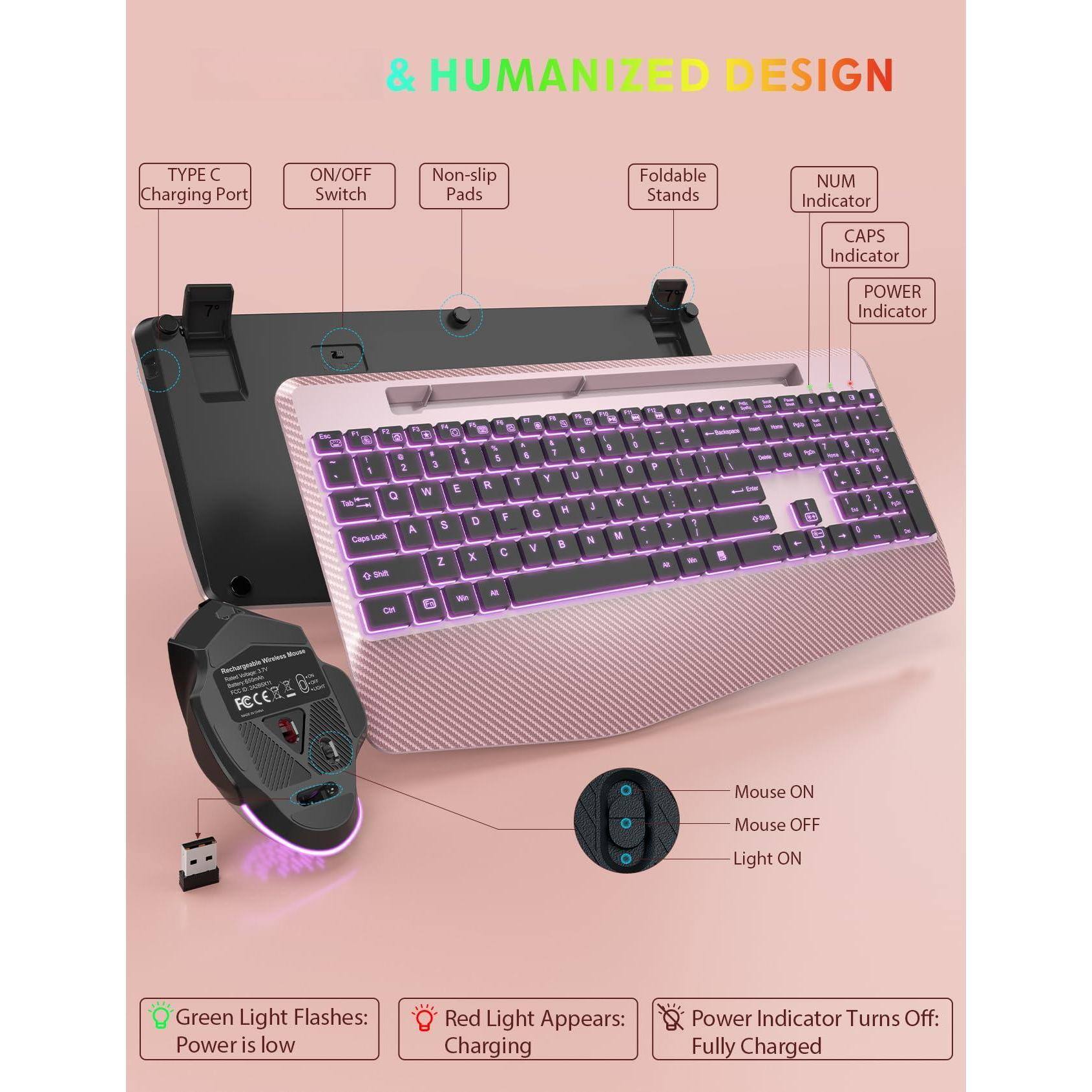 & HUMANIZED DESIGN

- TYPE C Charging Port
- ON/OFF Switch
- Non-slip Pads
- Foldable Stands
- NUM Indicator
- CAPS Indicator
- POWER Indicator

Mouse ON
Mouse OFF
Light ON

Green Light Flashes: Power is low
Red Light Appears: Charging
Power Indicator Turns Off: Fully Charged
