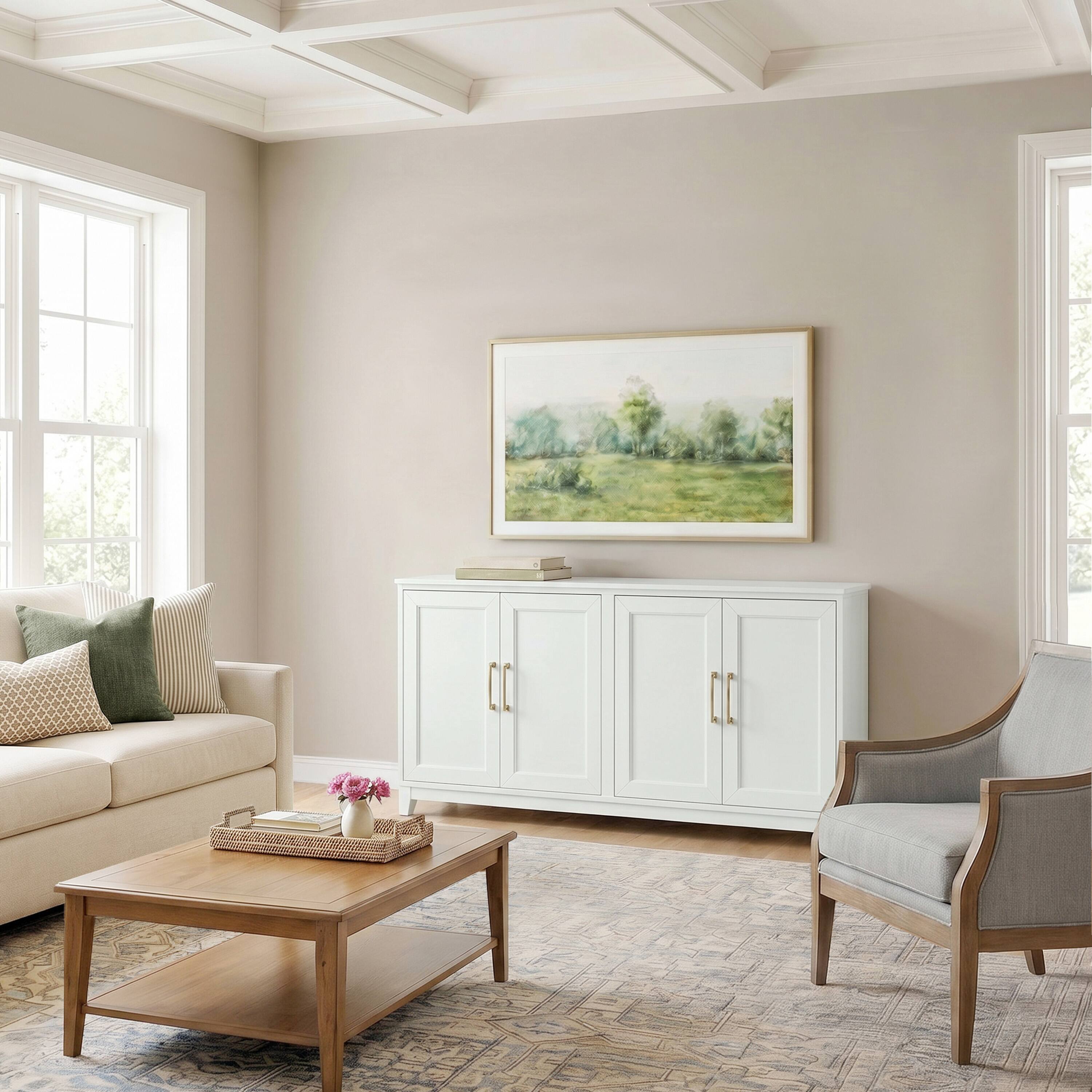 Alt View 5. Martha Stewart - Wooden 4-Door TV Stand-Adjustable Shelves-Solid Wood Frame/Legs - White Frame/Gold Hardware.