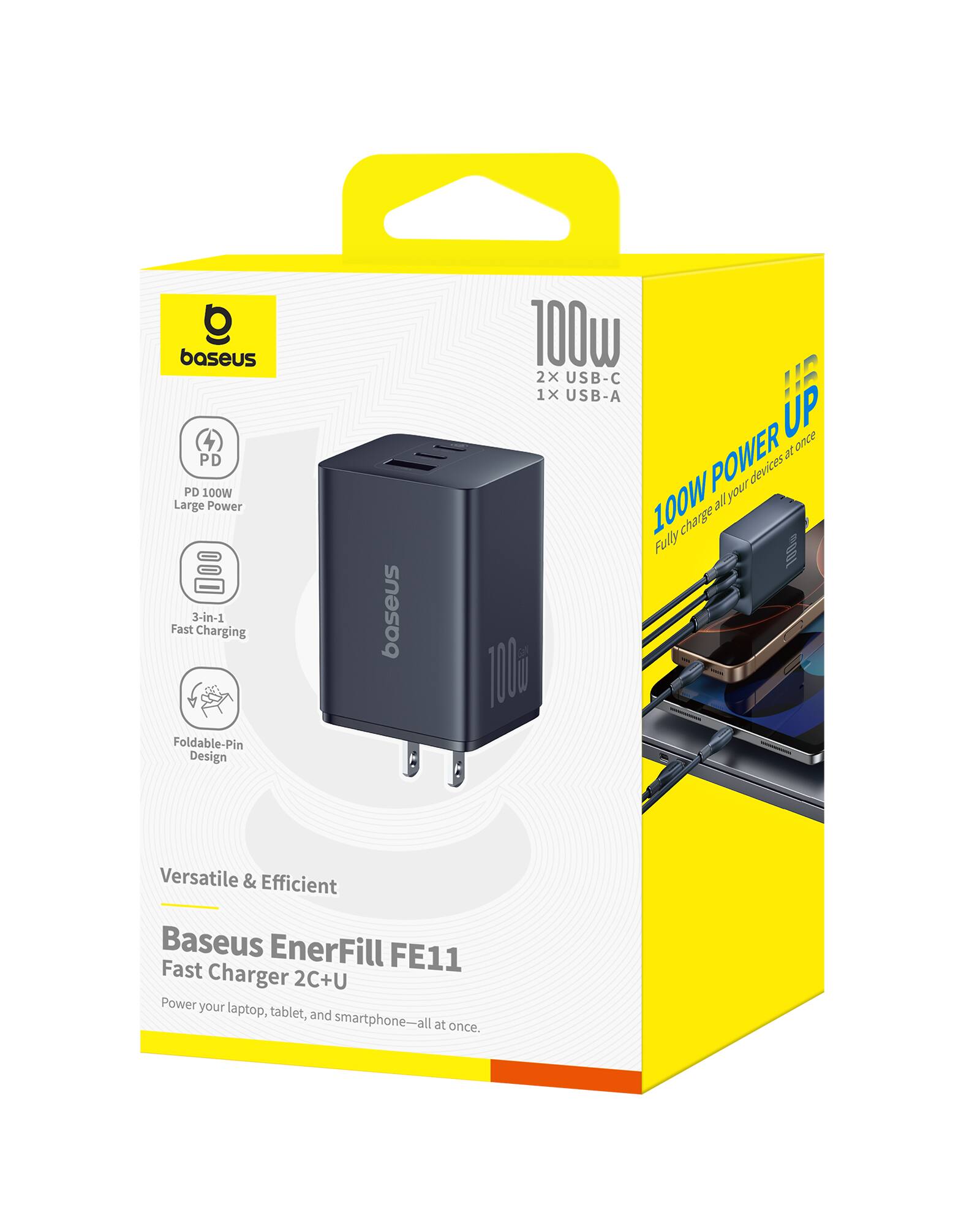 Baseus PD 100W Large Power 3-in-1 Fast Charging Foldable-Pin Design  
Baseus 100W 2X USB-C 1X USB-A  
Power your devices 100W all charge Fully  
Versatile & Efficient Baseus EnerFill FE11 Fast Charger 2C+U  
Power your laptop, tablet, and smartphone—all at once.