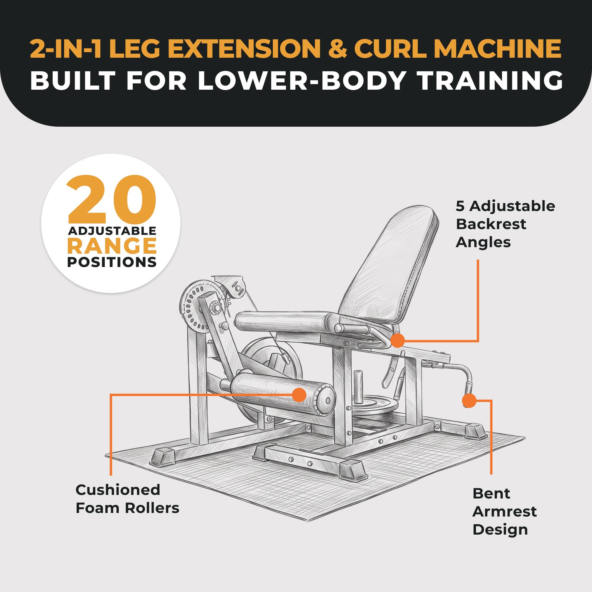 2-IN-1 LEG EXTENSION & CURL MACHINE BUILT FOR LOWER-BODY TRAINING

20 ADJUSTABLE RANGE POSITIONS

5 Adjustable Backrest Angles

Cushioned Foam Rollers

Bent Armrest Design