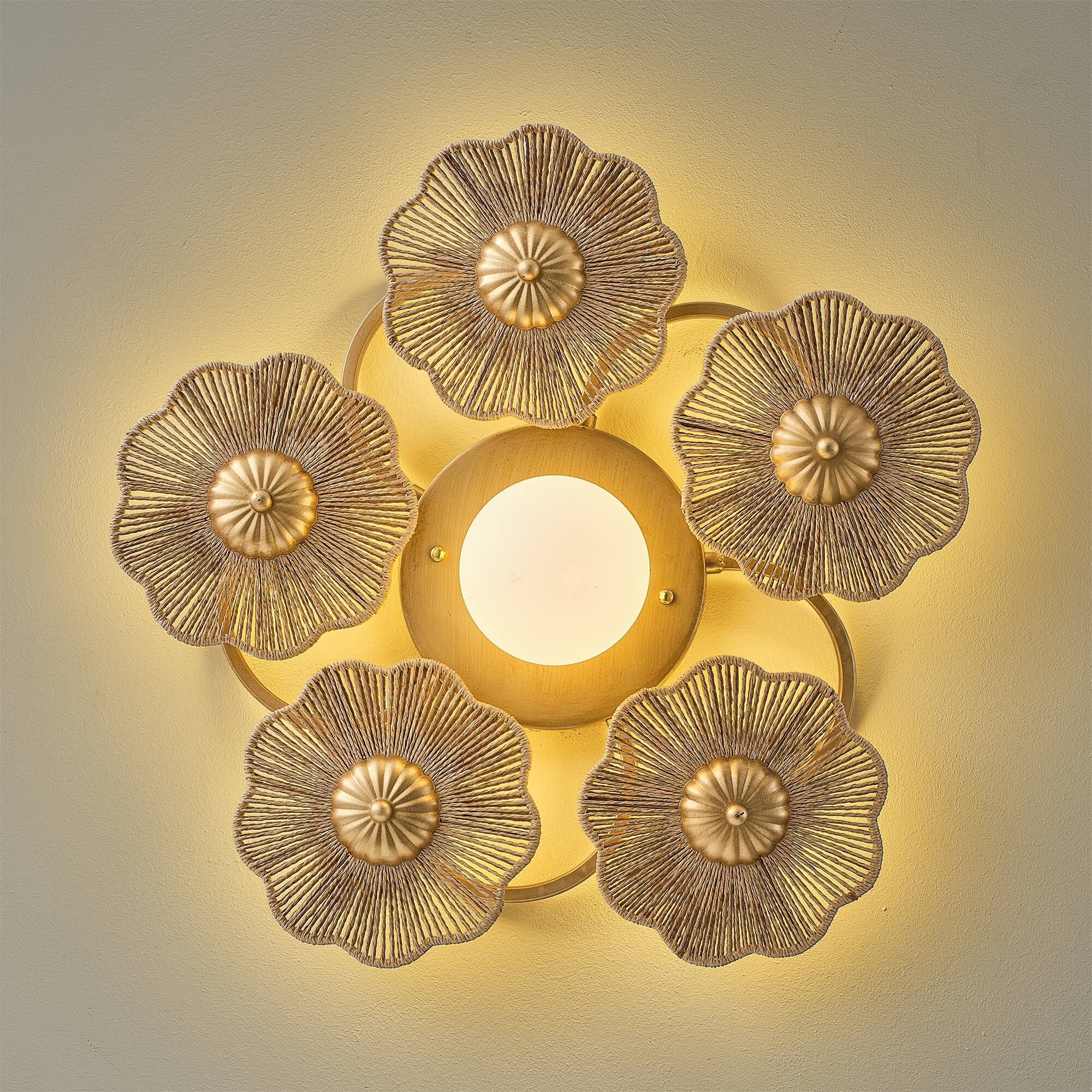 Alt View 4. Parrot Uncle - Antique Gold Modern Farmhouse Hand-Woven Raffia Rope Five Flower-Shaped Frosted Globe LED Wall Lamp Ceiling Light - Gold.