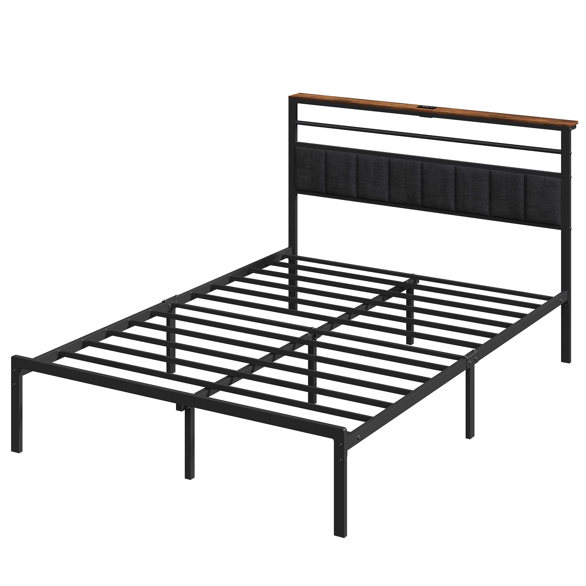 Alt View 3. LUCKY ONE - Queen Size Bed Frame with Upholstered Headboard and Charging Station - Black.