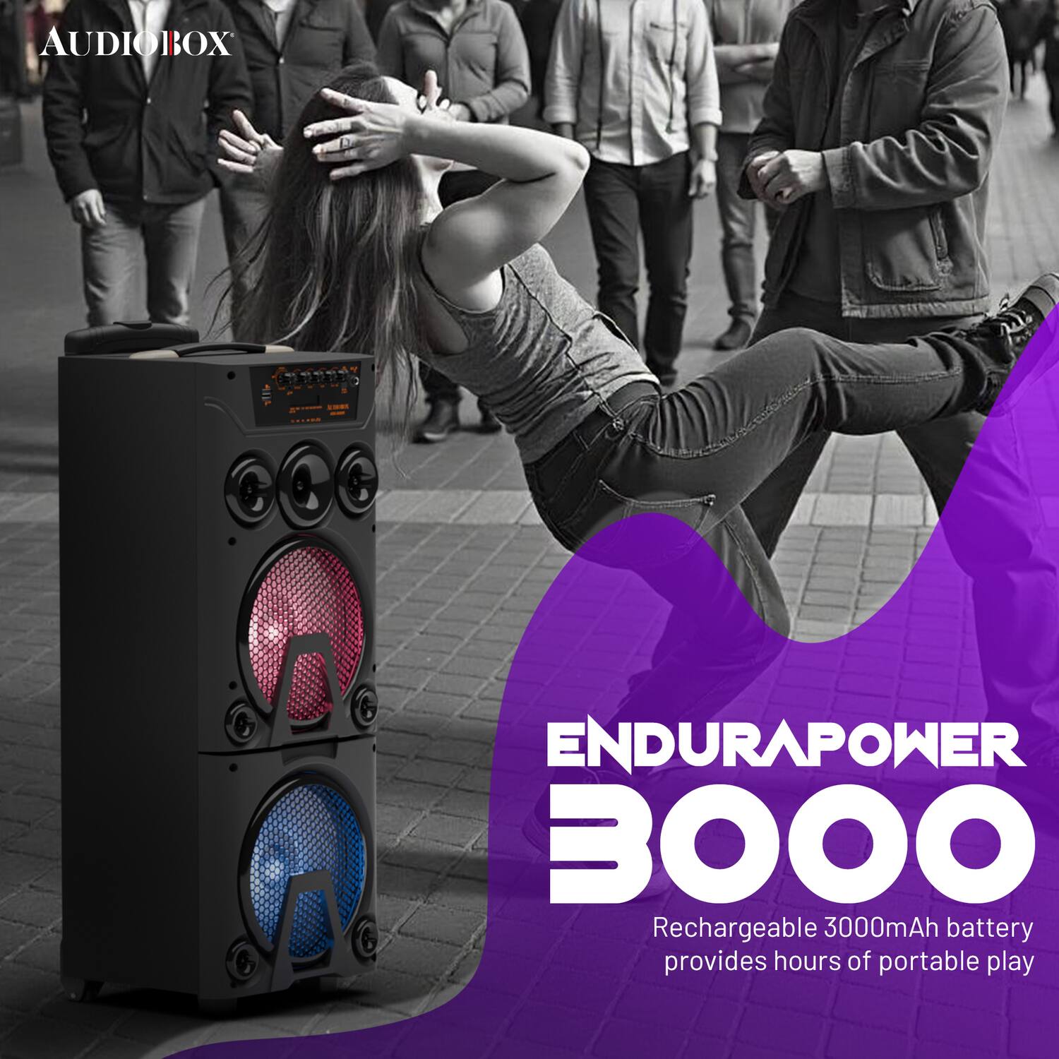 AUDIOBOX ENDURAPOWER 3000  
Rechargeable 3000mAh battery provides hours of portable play