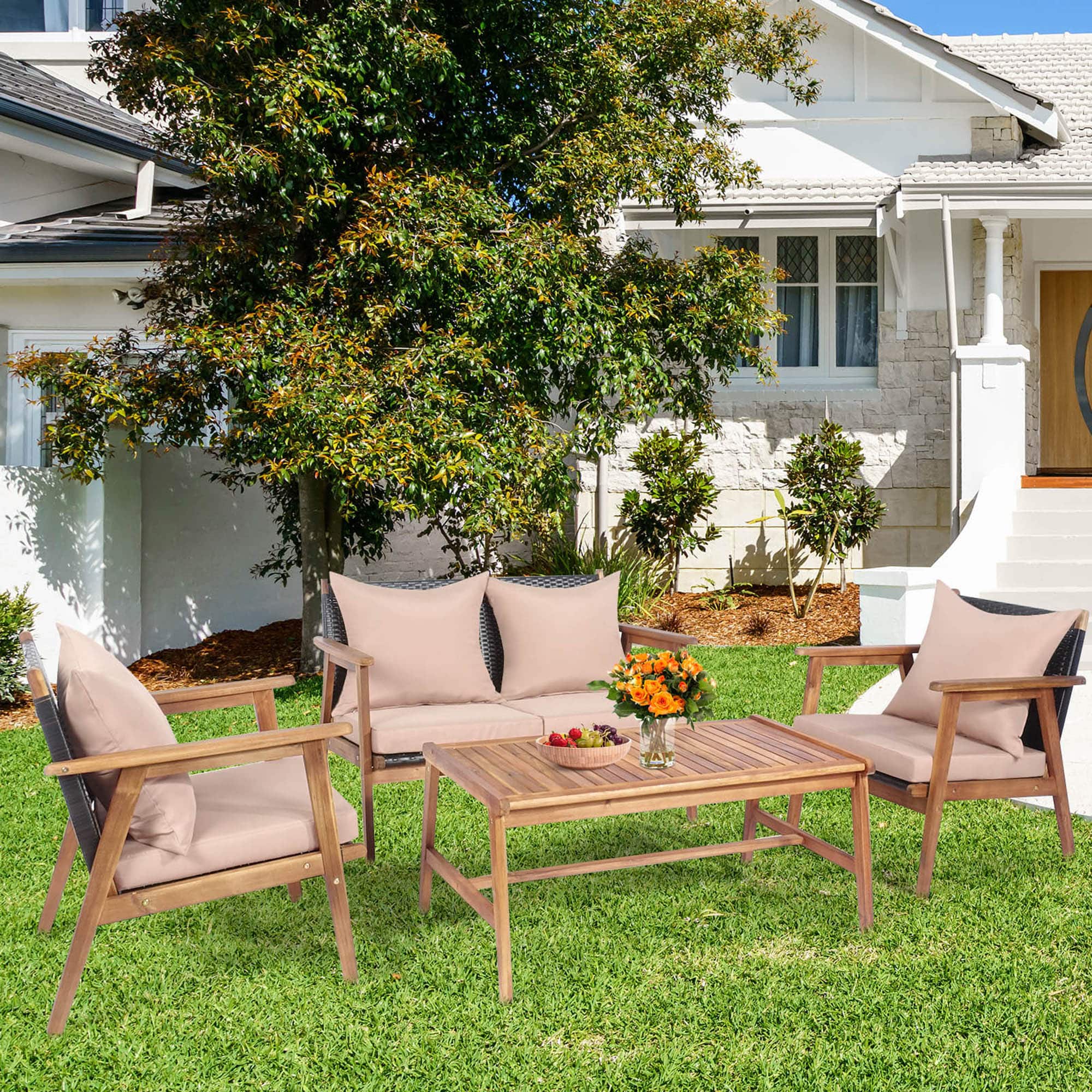 Gymax - 4PCS Outdoor Furniture Set Patio Conversation Set w/ Wood Frame Cushion - Beige price history on PriceWatchPro