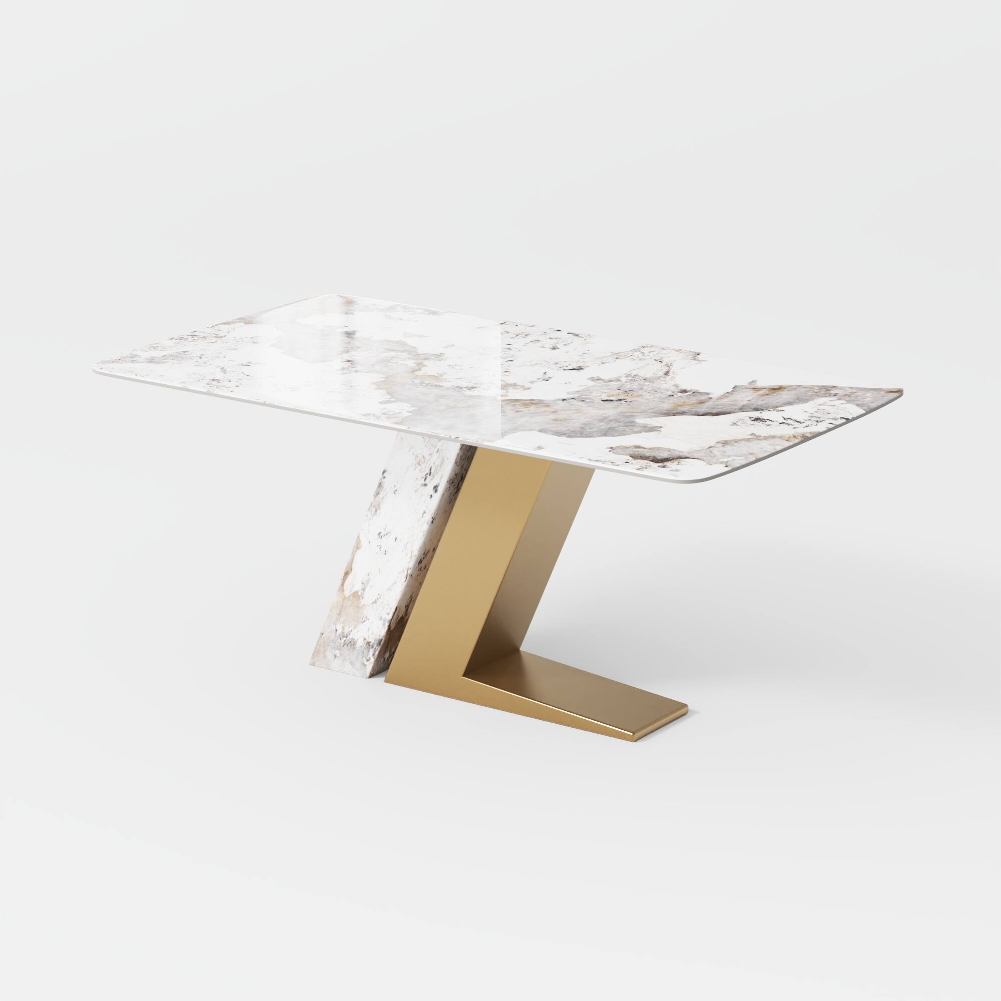 Alt View 8. POVISON - 71"Modern Luxury Glossy Gold Sintered Stone Rectangular Dining Table for 4-6, White & Gold Z-shaped Stainless Steel Base - Pandora & Gold.