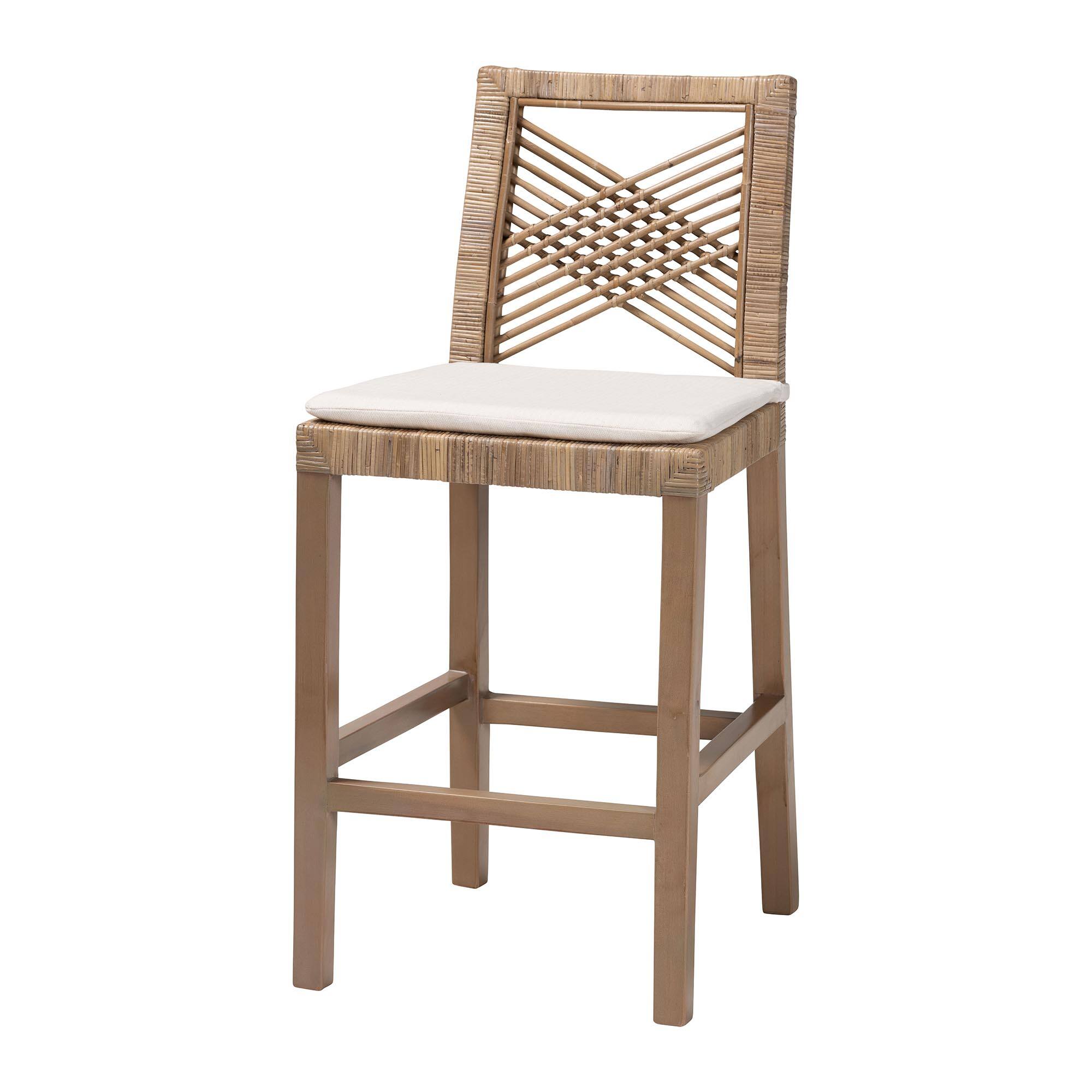 bali & pari - Poltak Modern Bohemian Natural Kubu Rattan and Mahogany Wood Counter Stool - Kubu Grey/Rustic Taupe