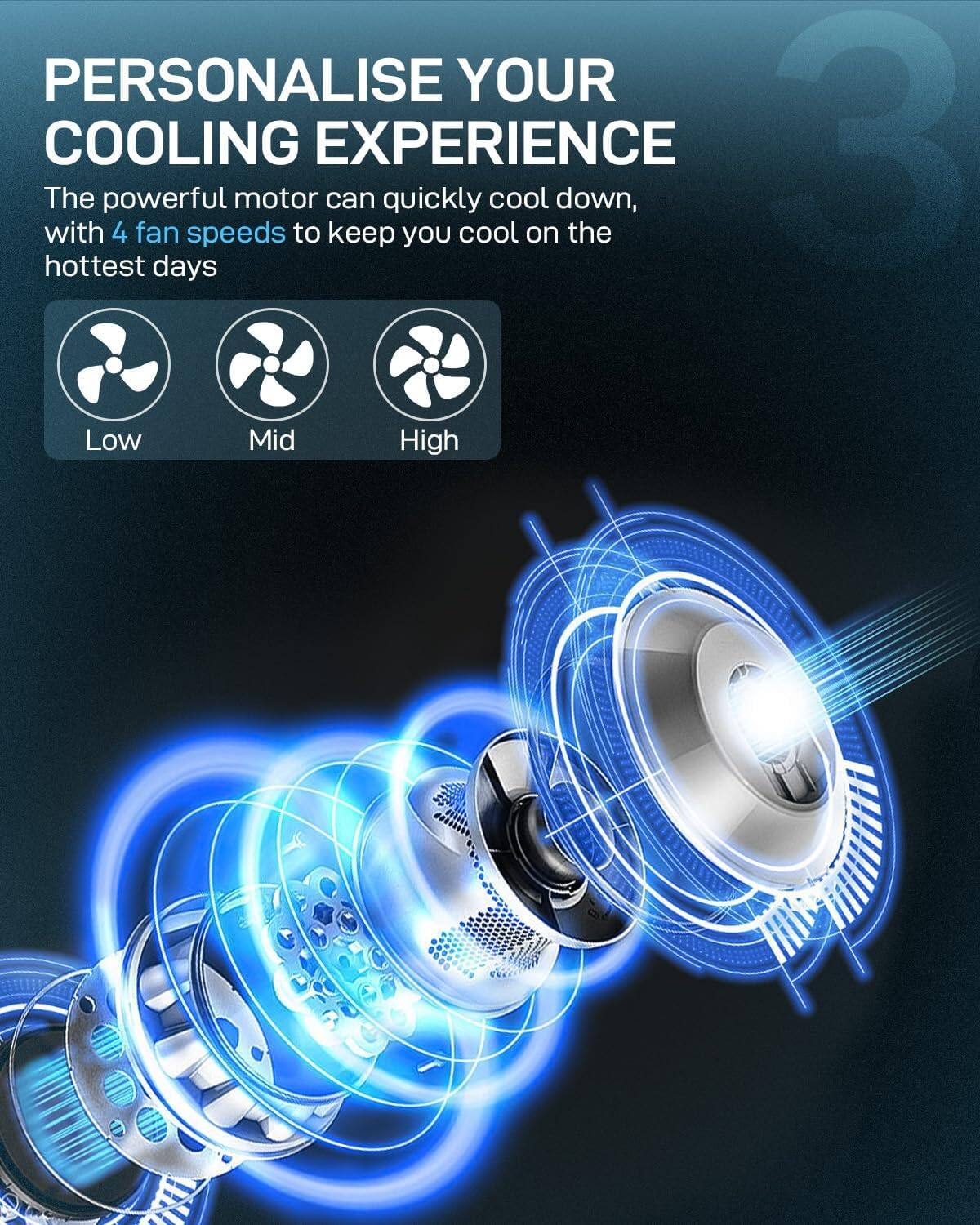 PERSONALISE YOUR COOLING EXPERIENCE

The powerful motor can quickly cool down, with 4 fan speeds to keep you cool on the hottest days

Low  Mid  High