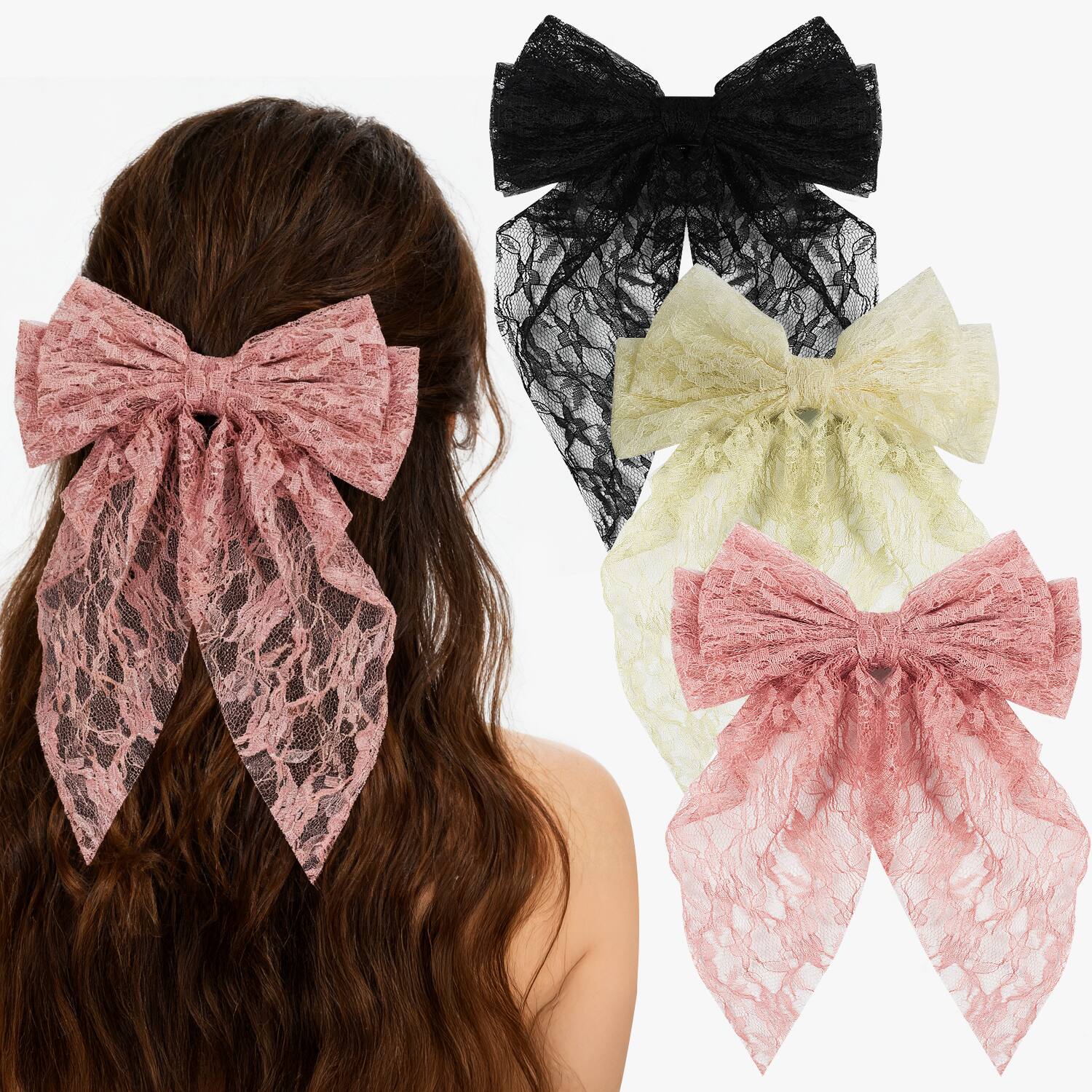 Mber - 3 Pack Hair Clip Barrettes Lace Hair Bows, Pink Bow, White Bow, Black Bow Hair Clip, Ribbon Hair Bow for School Wedding - Pink|White|Black