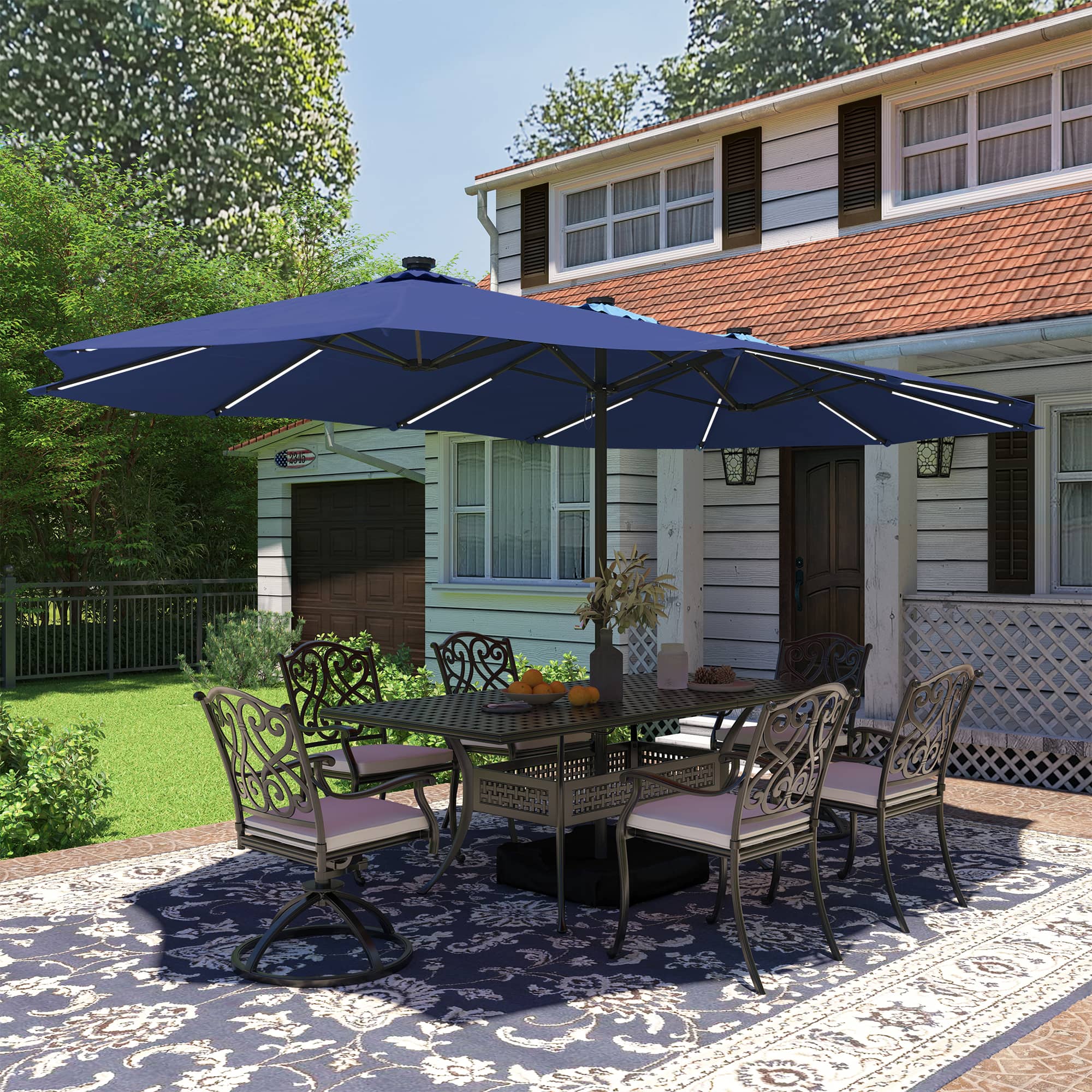 Mondawe - 15ft Patio Maket Umbrella Solar light strip Double-sided umbrella with base - Navy Blue