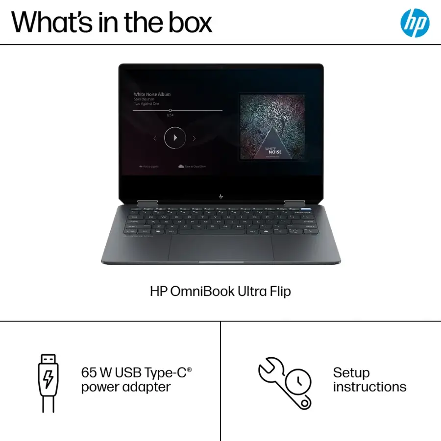 What's in the box: HP OmniBook Ultra Flip 65 W USB Type-C power adapter Setup instructions