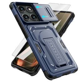 Dteck - Rugged Stand Case for Motorola Edge (2025),Shockproof Heavy Duty Cover With Sliding Lens Cover+Tempered Glass Flim - Blue