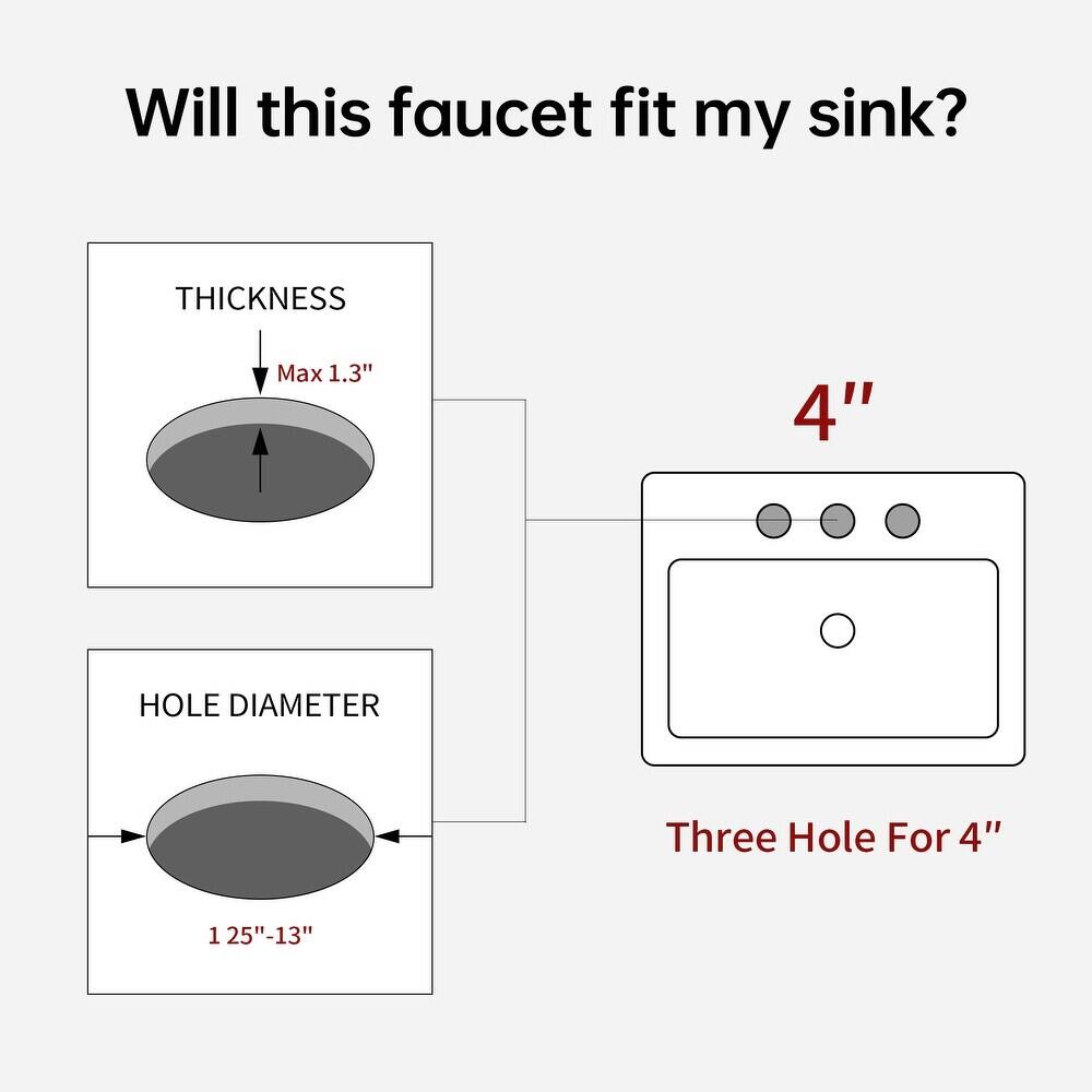 Will this faucet fit my sink? 

Thickness: Max 1.3" 

4" Hole Diameter: Three Hole For 4" 

1 25"-13"