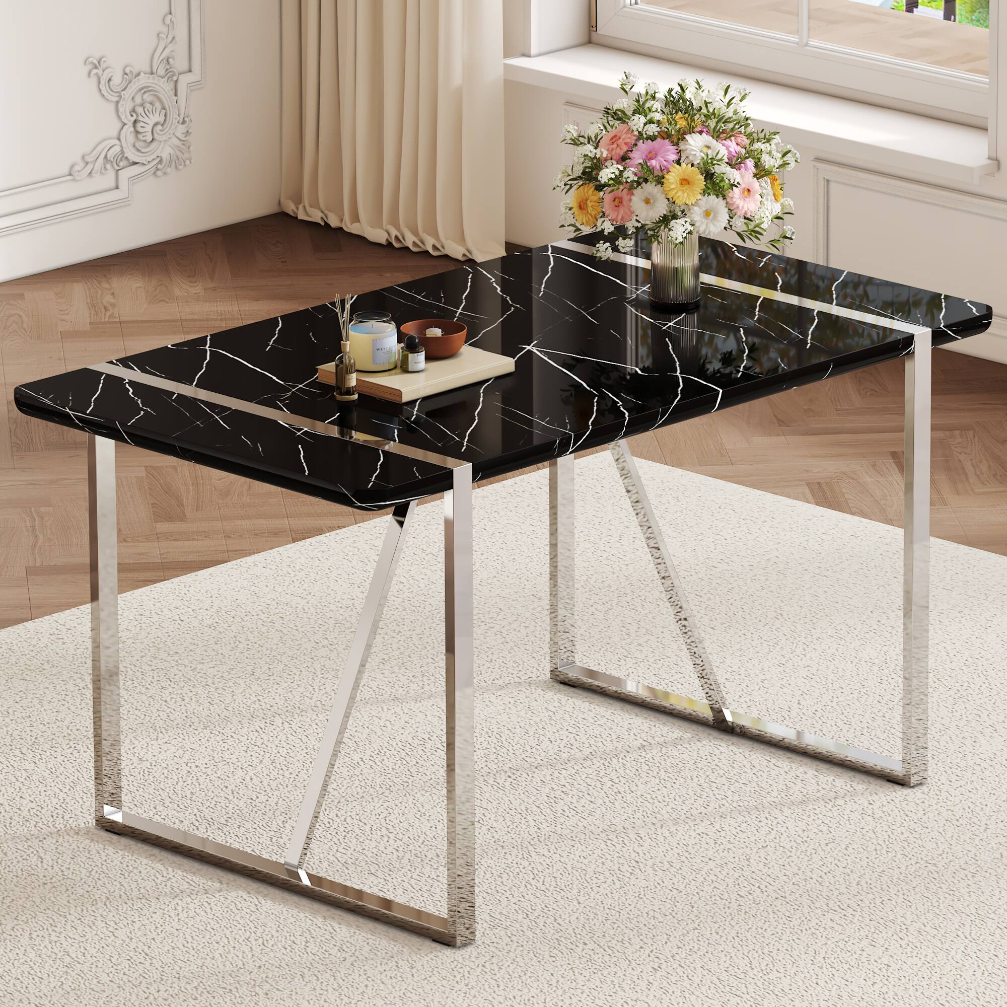 Front. Tiramisubest - Rustic Industrial Rectangular MDF Black Dining Table for 4-6, With 1.5" Thick MDF Desktop and Electroplated Metal Legs - Black.