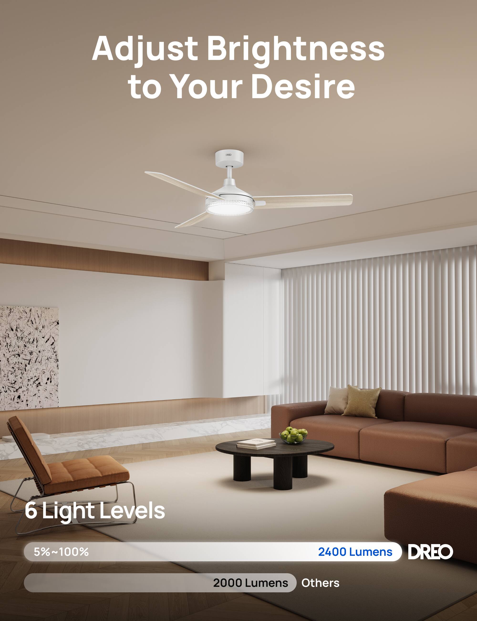 Adjust Brightness to Your Desire  
6 Light Levels  
5%~100%  
2400 Lumens  
DREO  
2000 Lumens  
Others