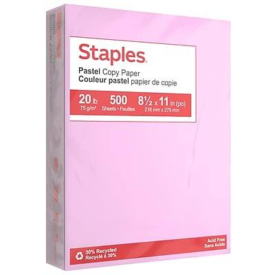 Staples  
Pastel Copy Paper  
Couleur pastel papier de copie  

20 lb 500 8½ x 11 in (po)  
75 g/m² Sheets - Feuilles  
216 mm x 279 mm  

30% Recycled  
Recyclé 30%  

Acid Free  
Sans Acide