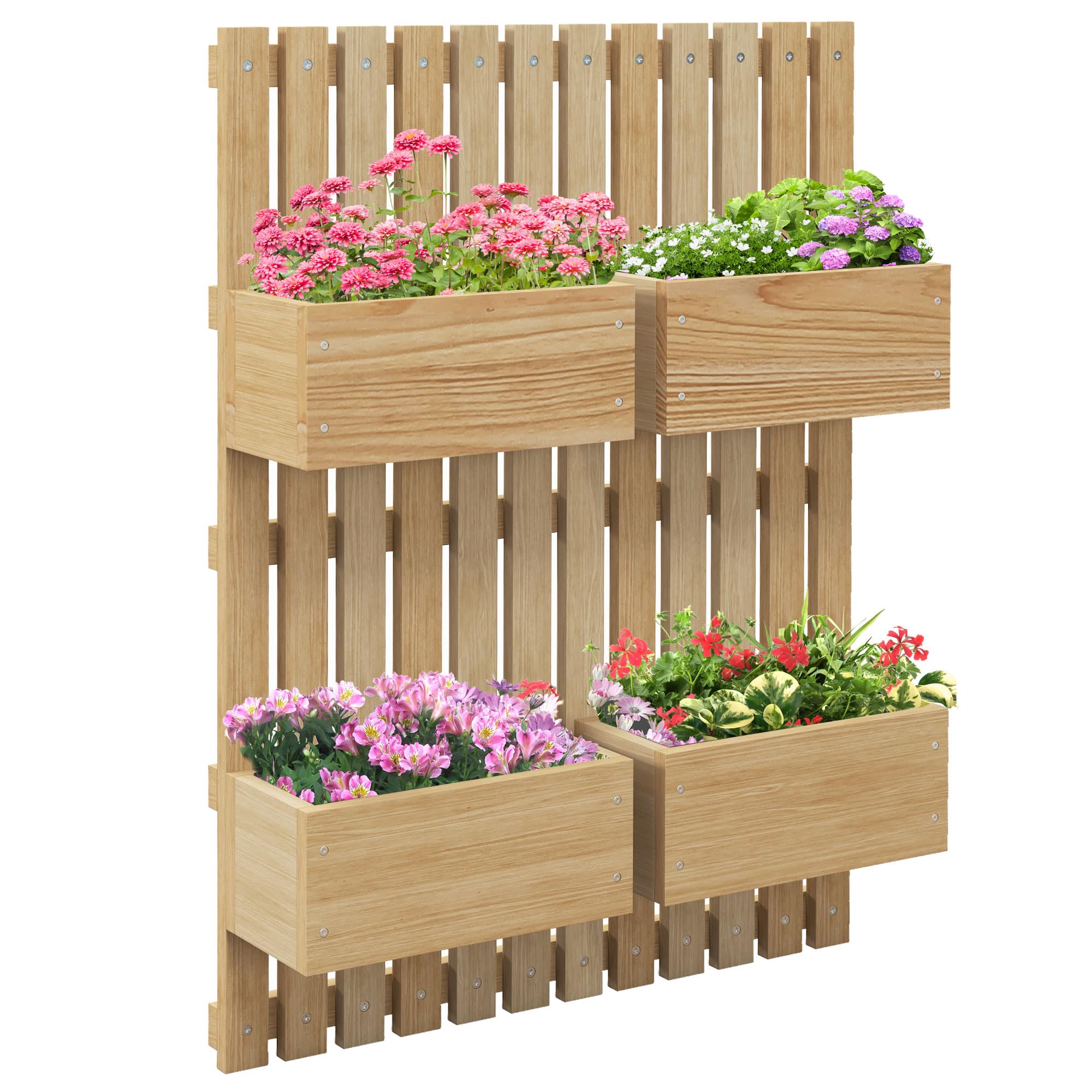 Outsunny - 4 Box Raised Garden Bed with Trellis for Vine Flowers & Climbing Plants, 31.5" Tall Wall-Mounted Wood Planter Box Set - Natural Wood