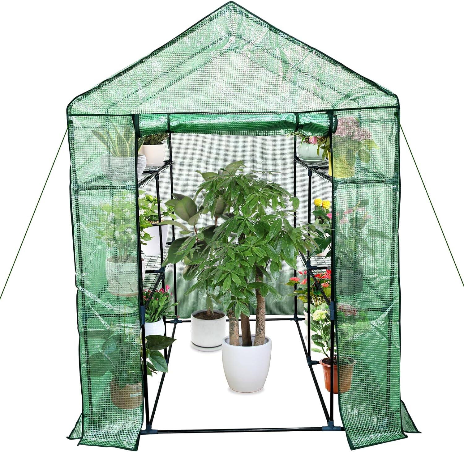 Front. Acekool - Walk-in Greenhouse 57"x57"x76", 3-Tier 6-Shelf, Steel Frame, Roll-Up Zipper Door, Indoor/Outdoor Garden, Green - Green.