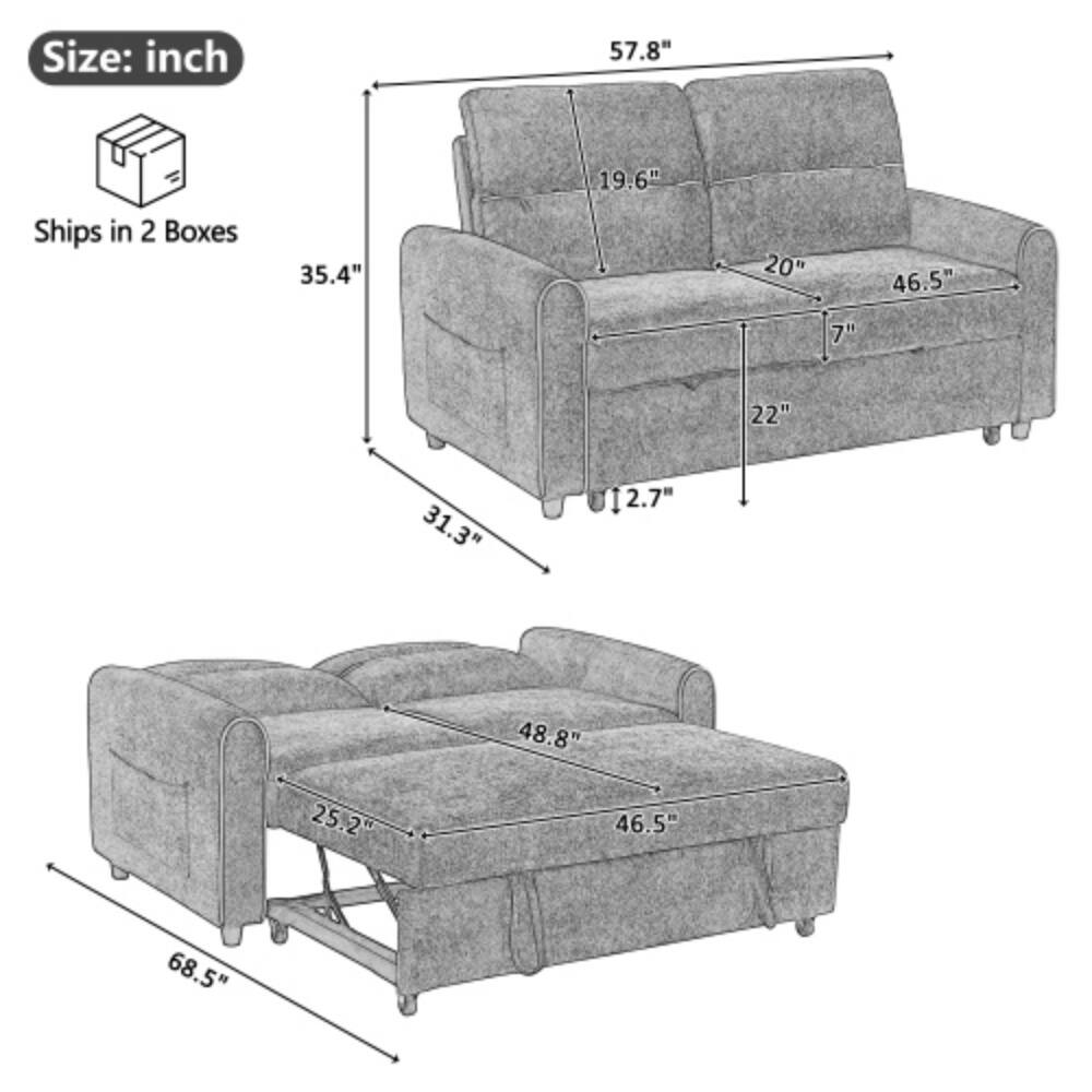 Size: inch  
57.8"  
19.6"  
20"  
46.5"  
7"  
22"  
31.3"  
12.7"  
35.4"  
48.8"  
25.2"  
68.5"  
46.5"  

Ships in 2 Boxes