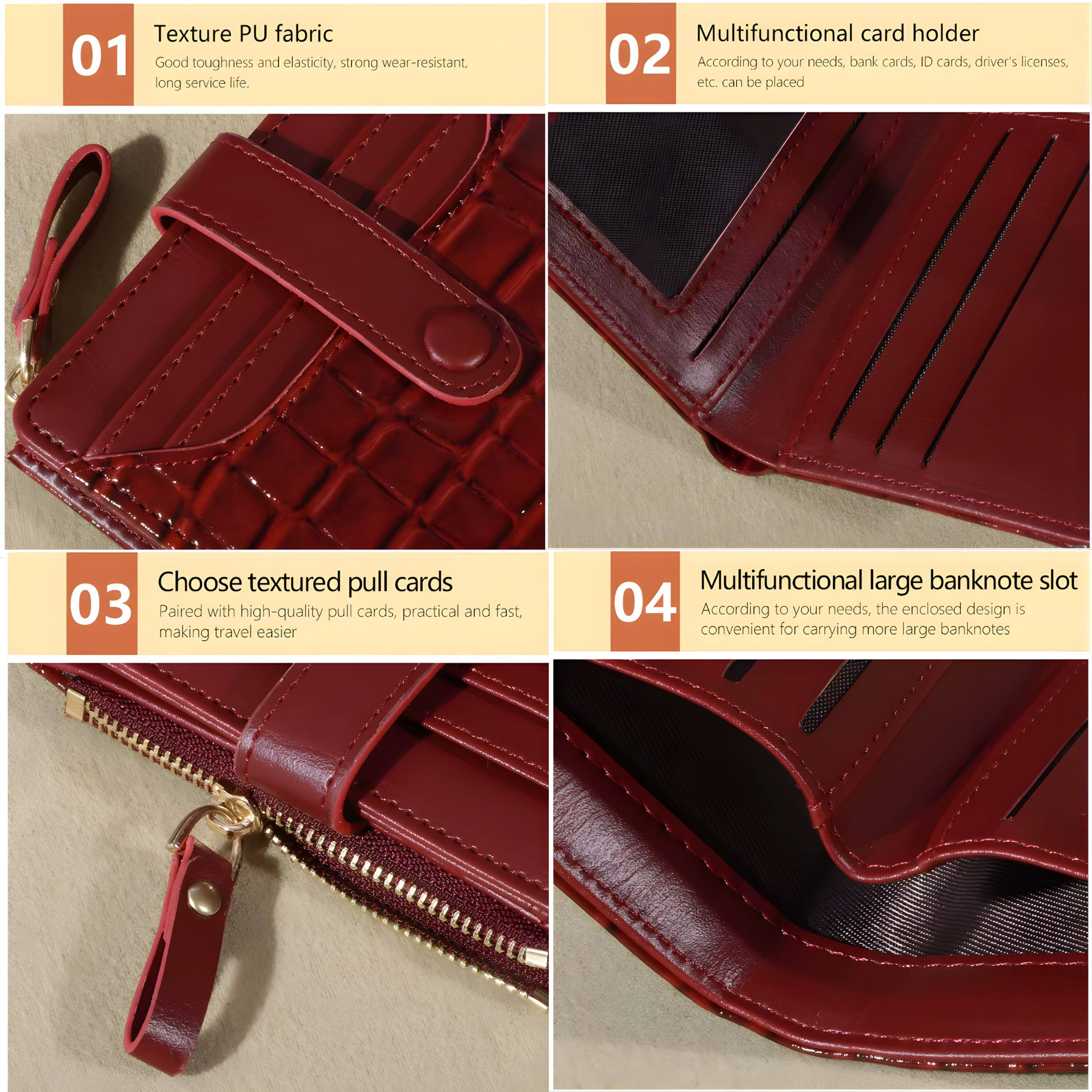 Texture PU fabric  
01 Good toughness and elasticity, strong wear-resistant, long service life.  

Multifunctional card holder  
02 According to your needs, bank cards, ID cards, driver's licenses, etc. can be placed  

Choose textured pull cards  
03 Paired with high-quality pull cards, practical and fast, making travel easier  

Multifunctional large banknote slot  
04 According to your needs, the enclosed design is convenient for carrying more large banknotes