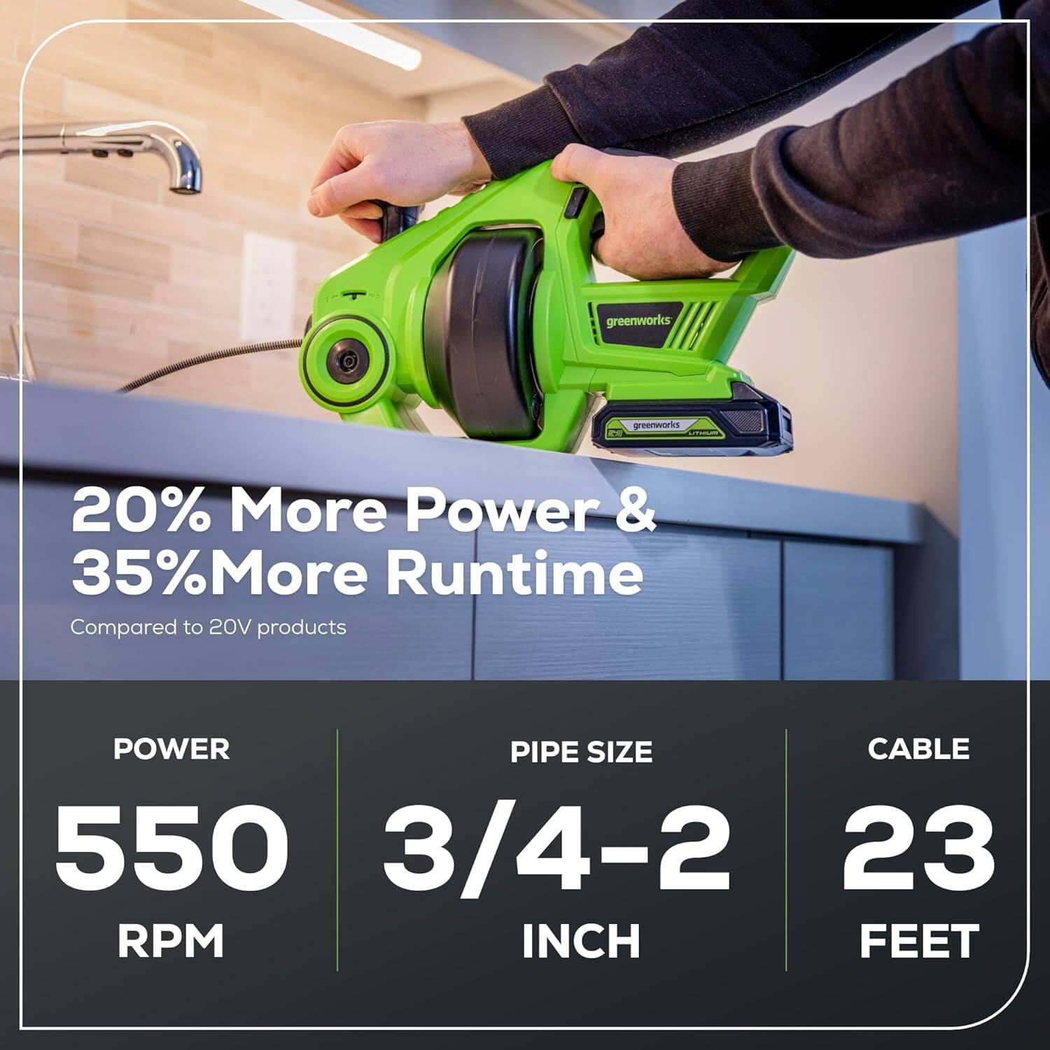 20% More Power & 35% More Runtime Compared to 20V products

POWER: 550 RPM

PIPE SIZE: 3/4-2 INCH

CABLE: 23 FEET