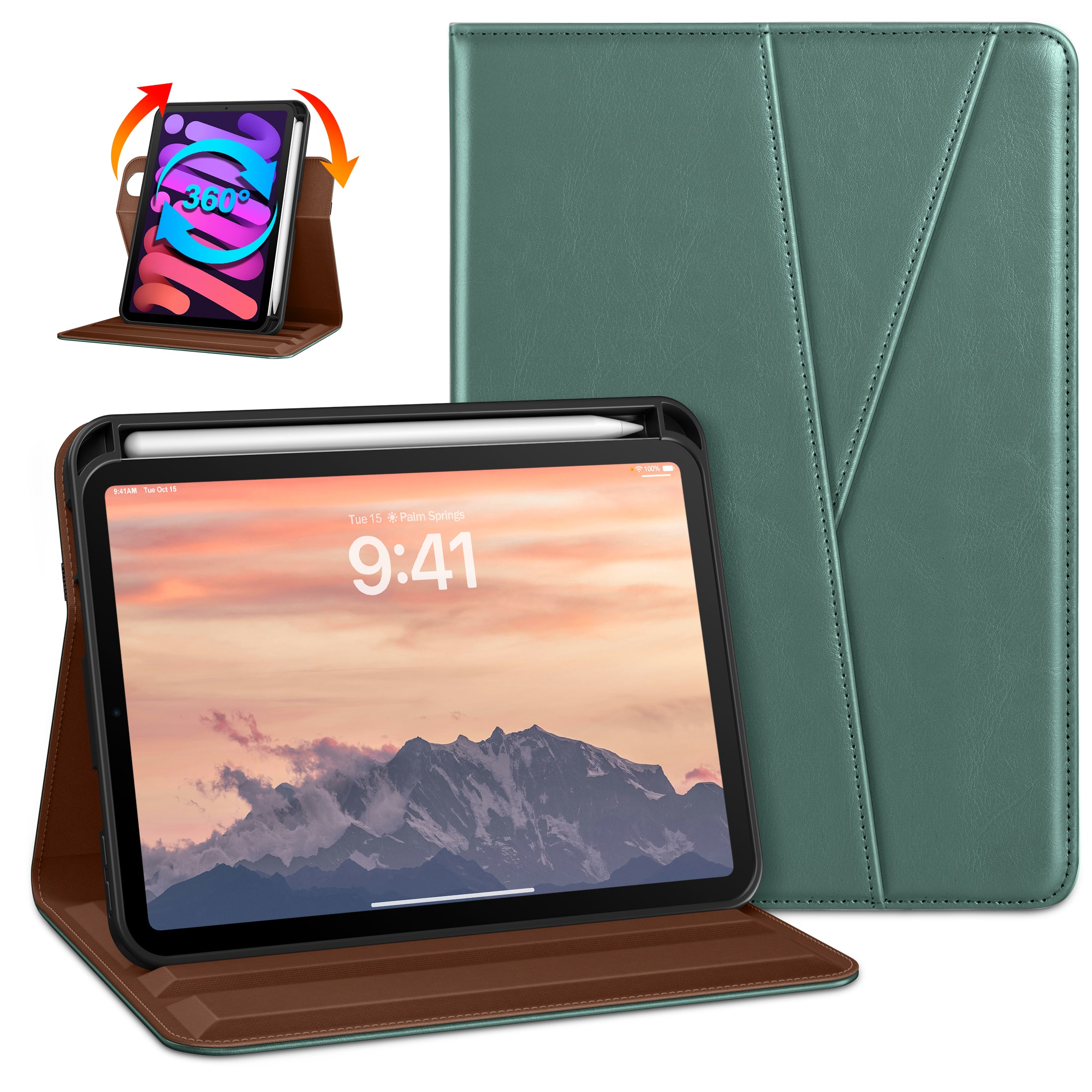 DTTO - Case for iPad Mini 7 (A17 Pro) 2024 / Mini 6 2021 - 360° Rotating Leather Folio with Pencil Holder - Midnight Green