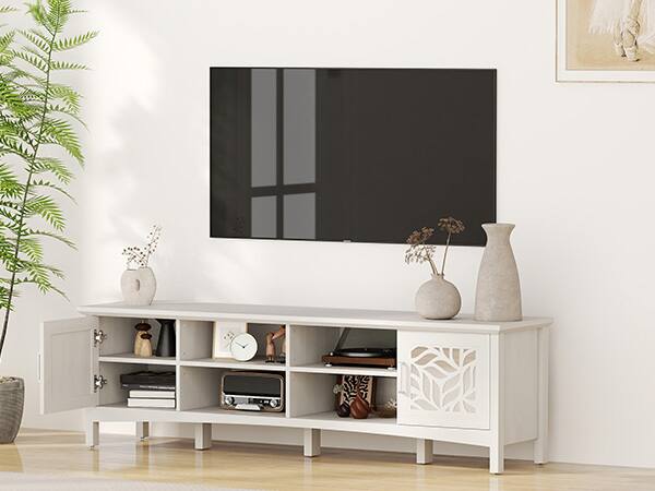 Left. Bestier - Modern TV Stand for TVs up to 75”, Mirror Design, Adjustable Shelf, Cable Management & Hidden Legs - white.