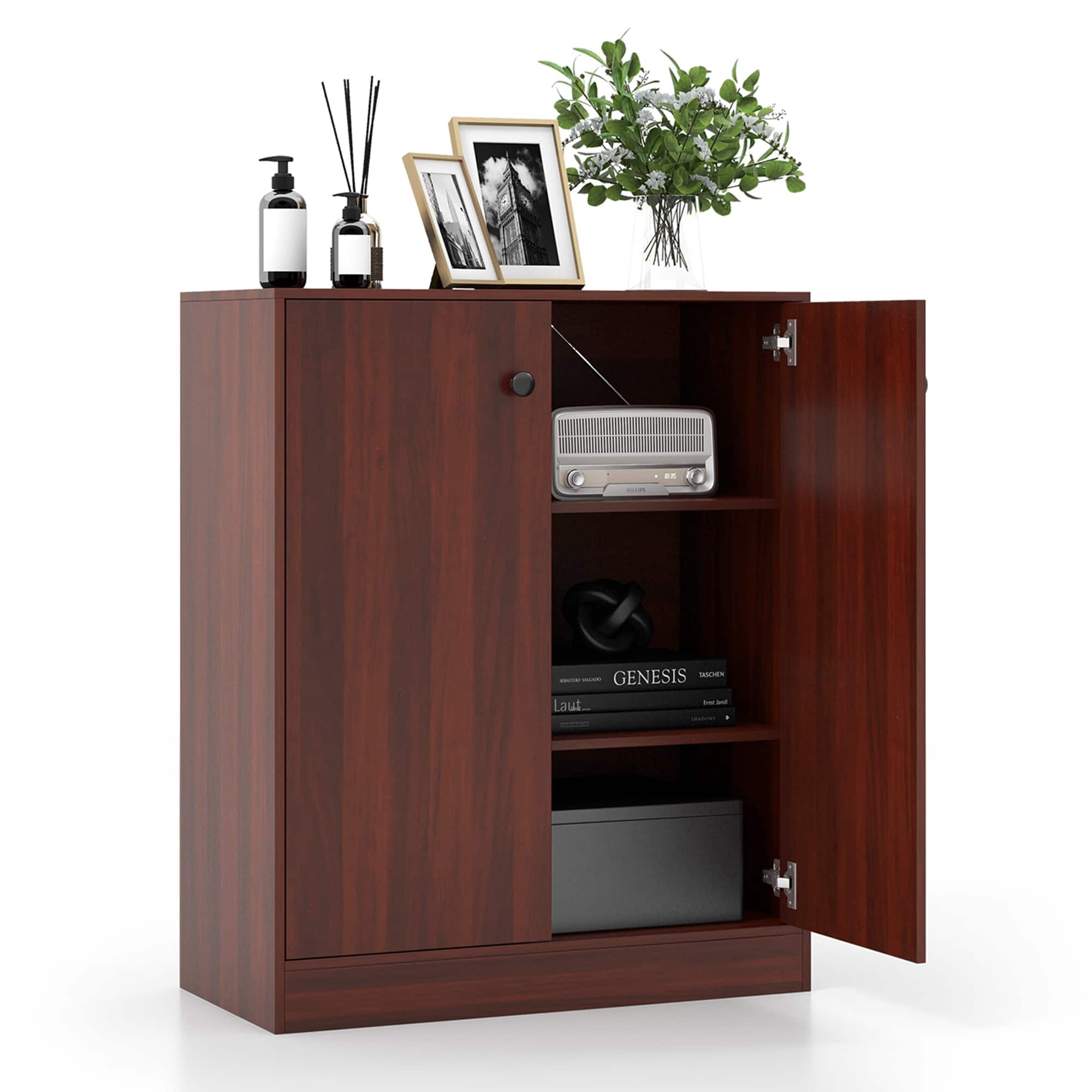 Costway - 2-Door Storage Cabinet Freestanding Storage Organizer with 3-Tier Shelf Entryway - Brown