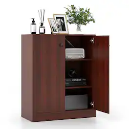Costway - 2-Door Storage Cabinet Freestanding Storage Organizer with 3-Tier Shelf Entryway - Brown